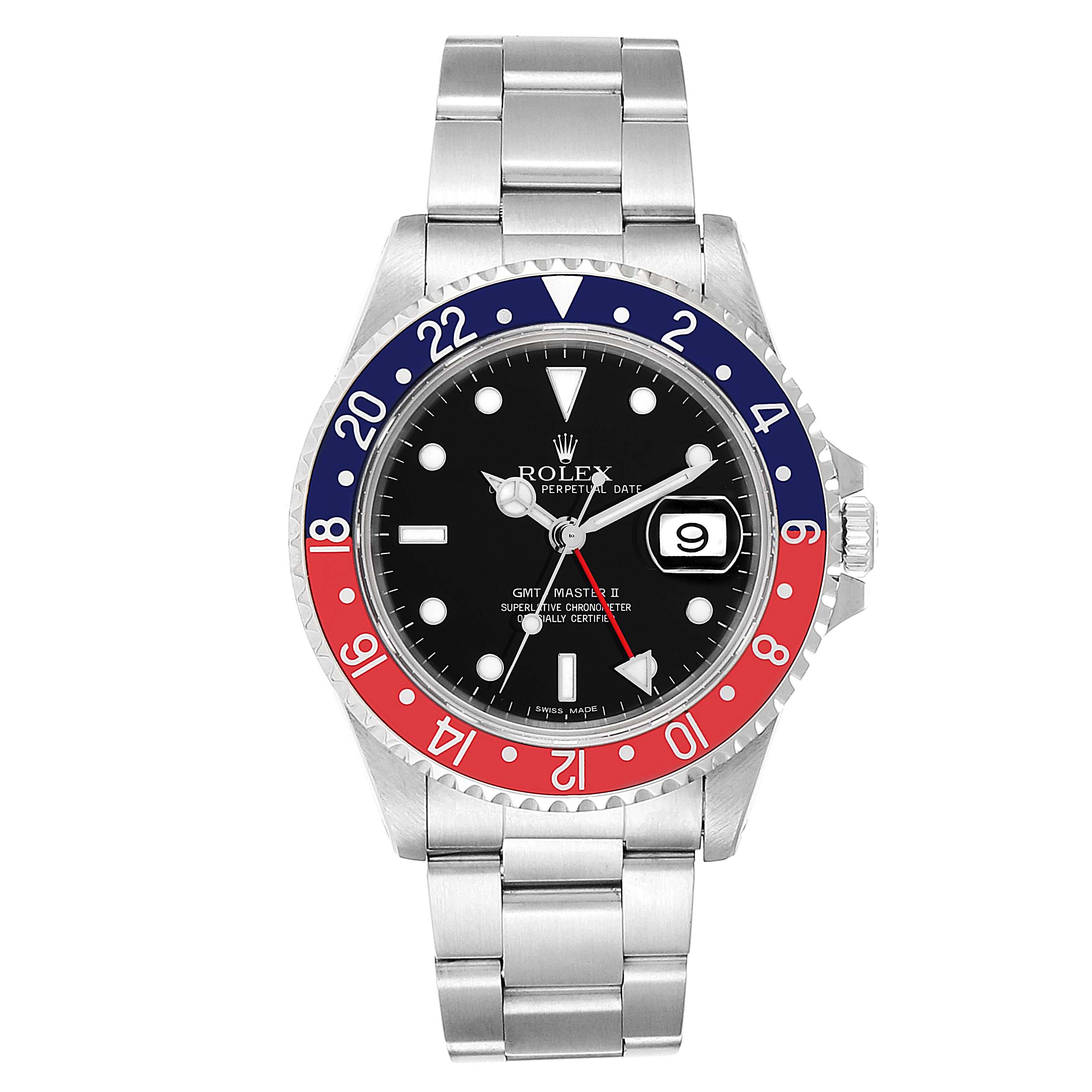 The image shows a front angle of the Rolex GMT-Master 16710 Men's Stainless Steel Black Dial 16710 Men's Stainless Steel Black Dial II watch, highlighting its dial, bezel, and bracelet.