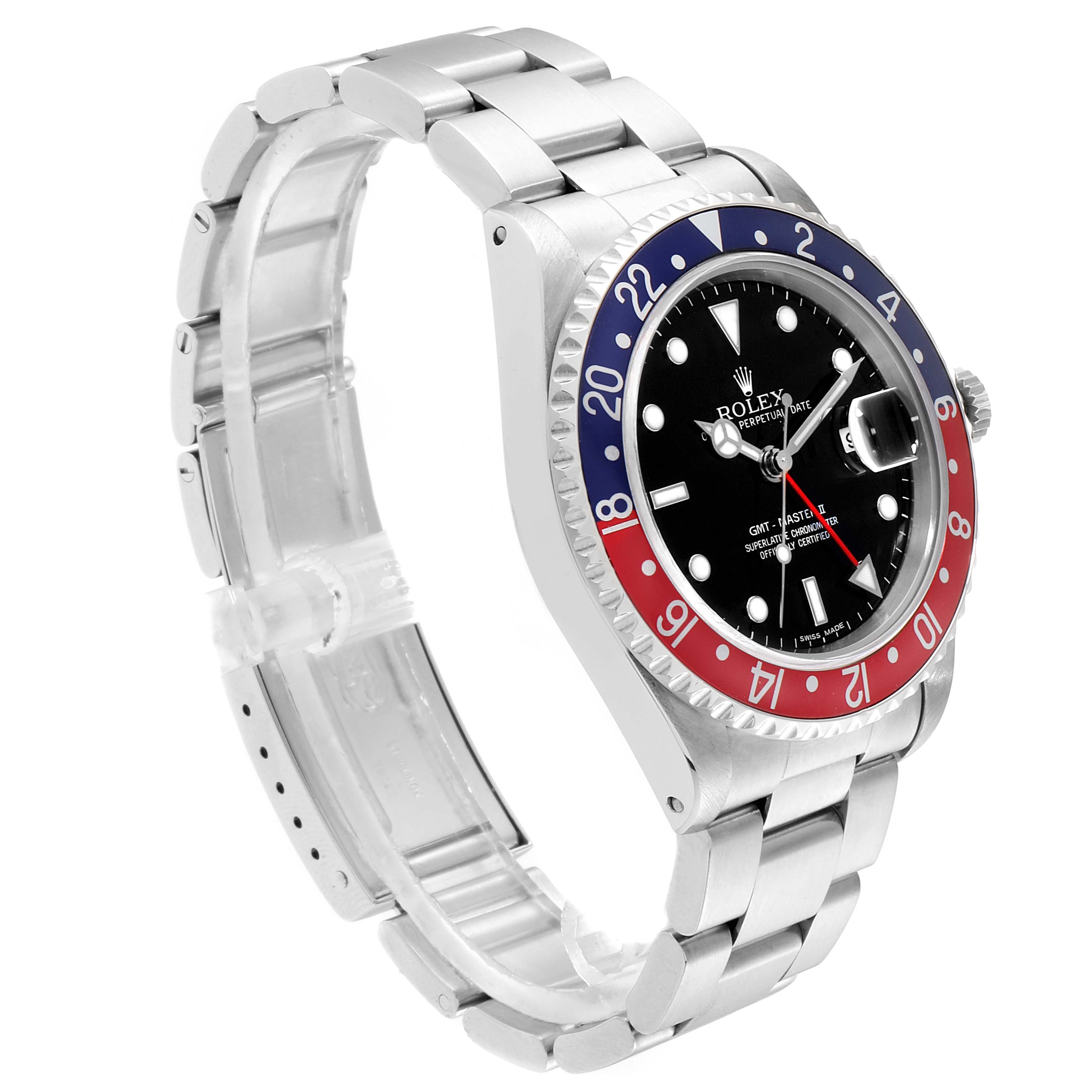 The image shows a side angle of the Rolex GMT-Master 16710 Men's Stainless Steel Black Dial 16710 Men's Stainless Steel Black Dial watch, highlighting the bezel, dial, and bracelet.