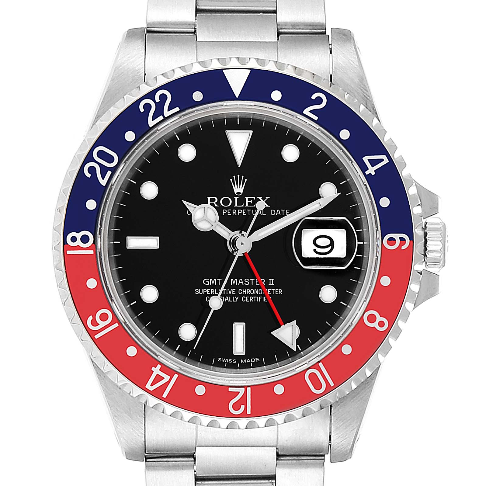 This image shows the front of a Rolex GMT-Master 16710 Men's Stainless Steel Black Dial 16710 Men's Stainless Steel Black Dial II watch, featuring a black dial, red and blue bezel, and silver bracelet.