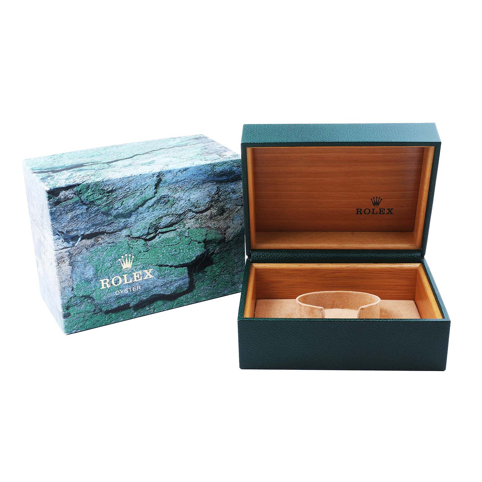 The image shows the open and closed boxes for the Rolex GMT-Master 16710 Men's Stainless Steel Black Dial, with the brand logo visible inside.