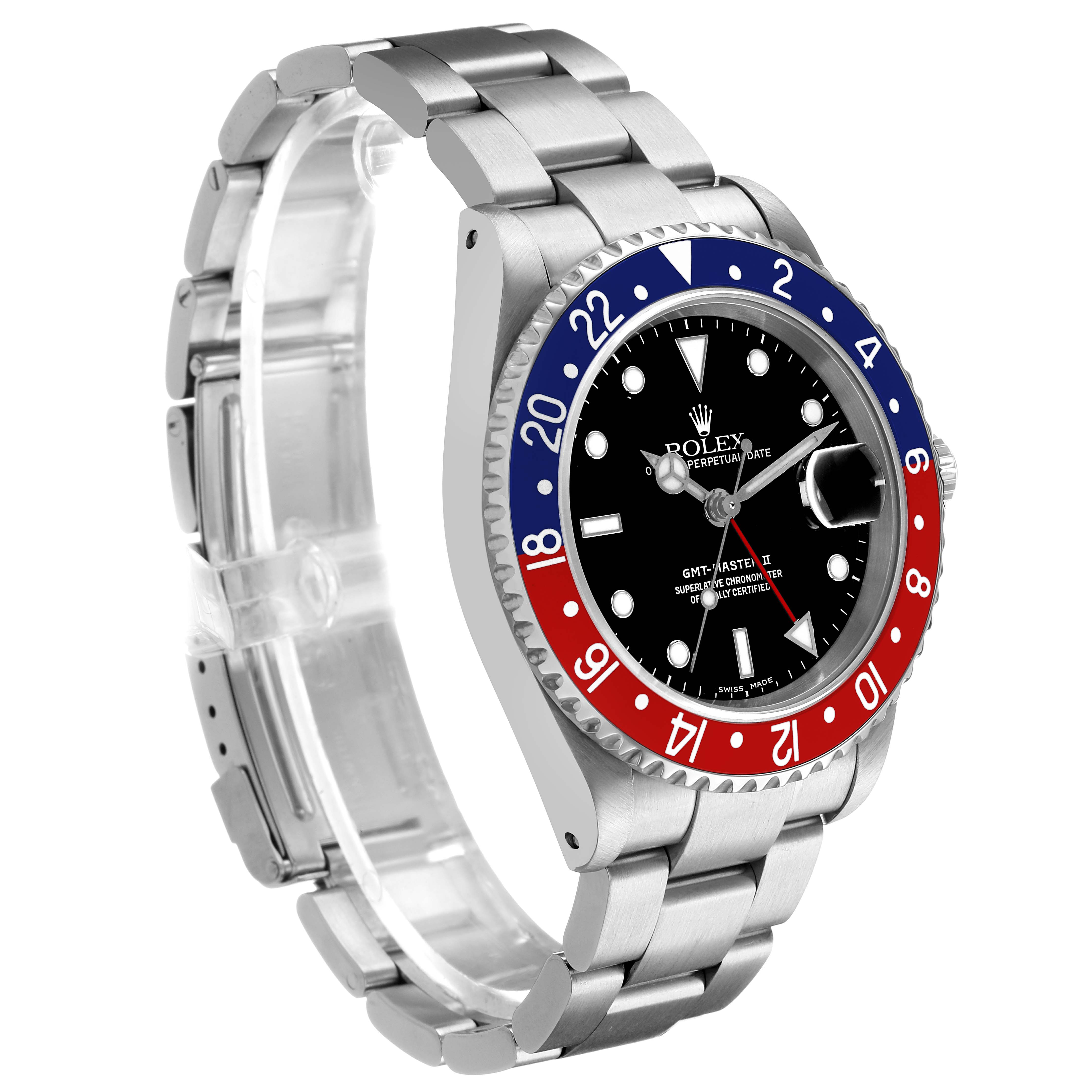 The Rolex GMT-Master 16710 Men's Stainless Steel Black Dial watch is shown at a 3/4 angle, highlighting the bezel, dial, and bracelet.