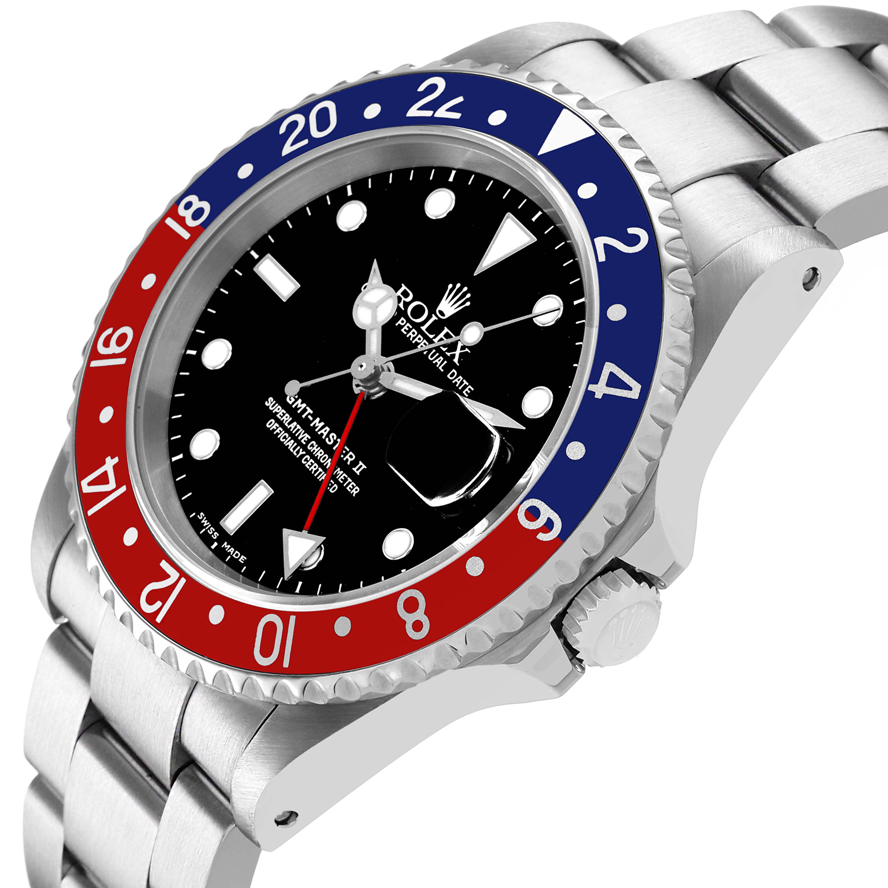 The Rolex GMT-Master 16710 Men's Stainless Steel Black Dial model watch is shown at an angled side view, highlighting the bezel, dial, and part of the bracelet.