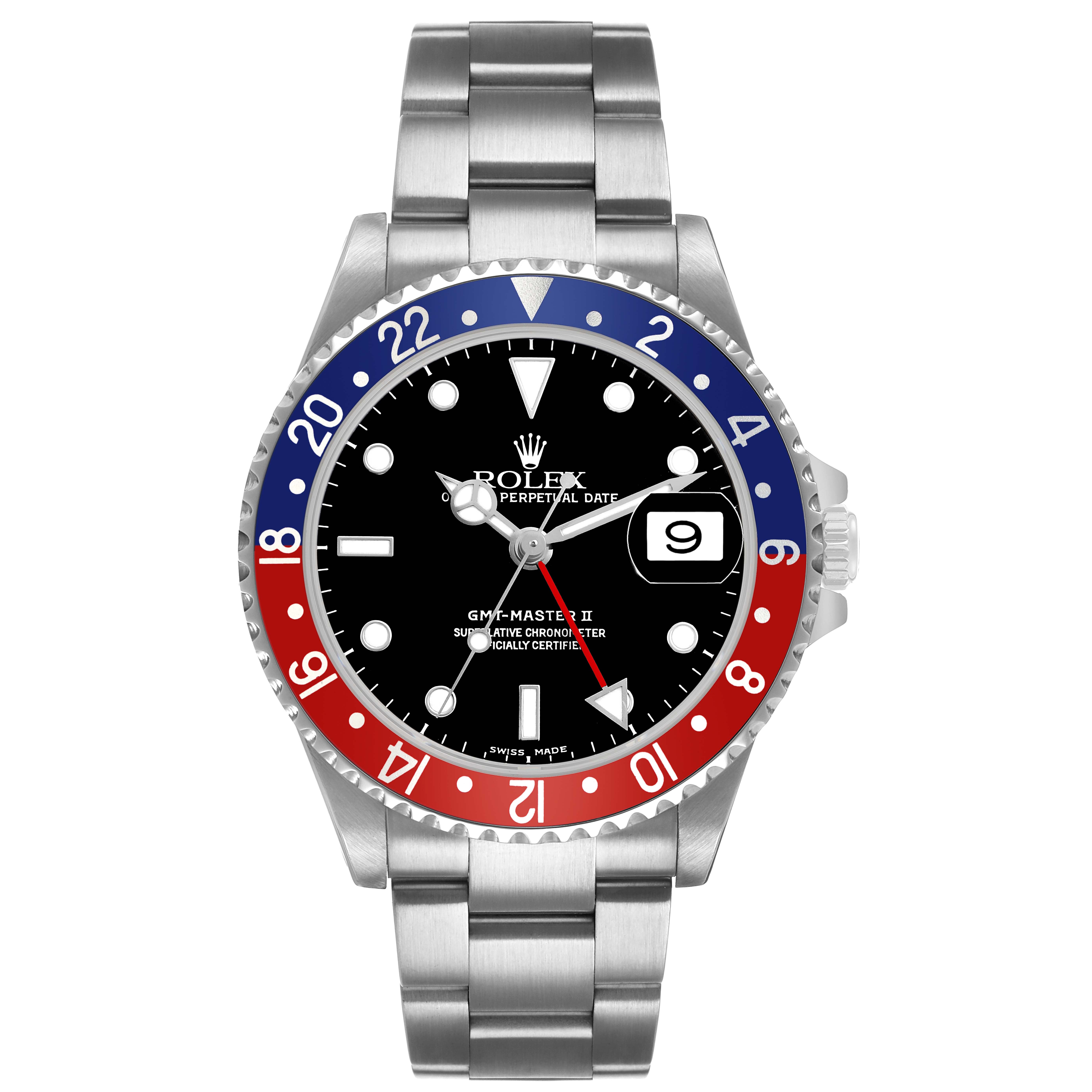 The image shows a frontal view of a Rolex GMT-Master 16710 Men's Stainless Steel Black Dial II, displaying its bezel, dial, hands, and bracelet.