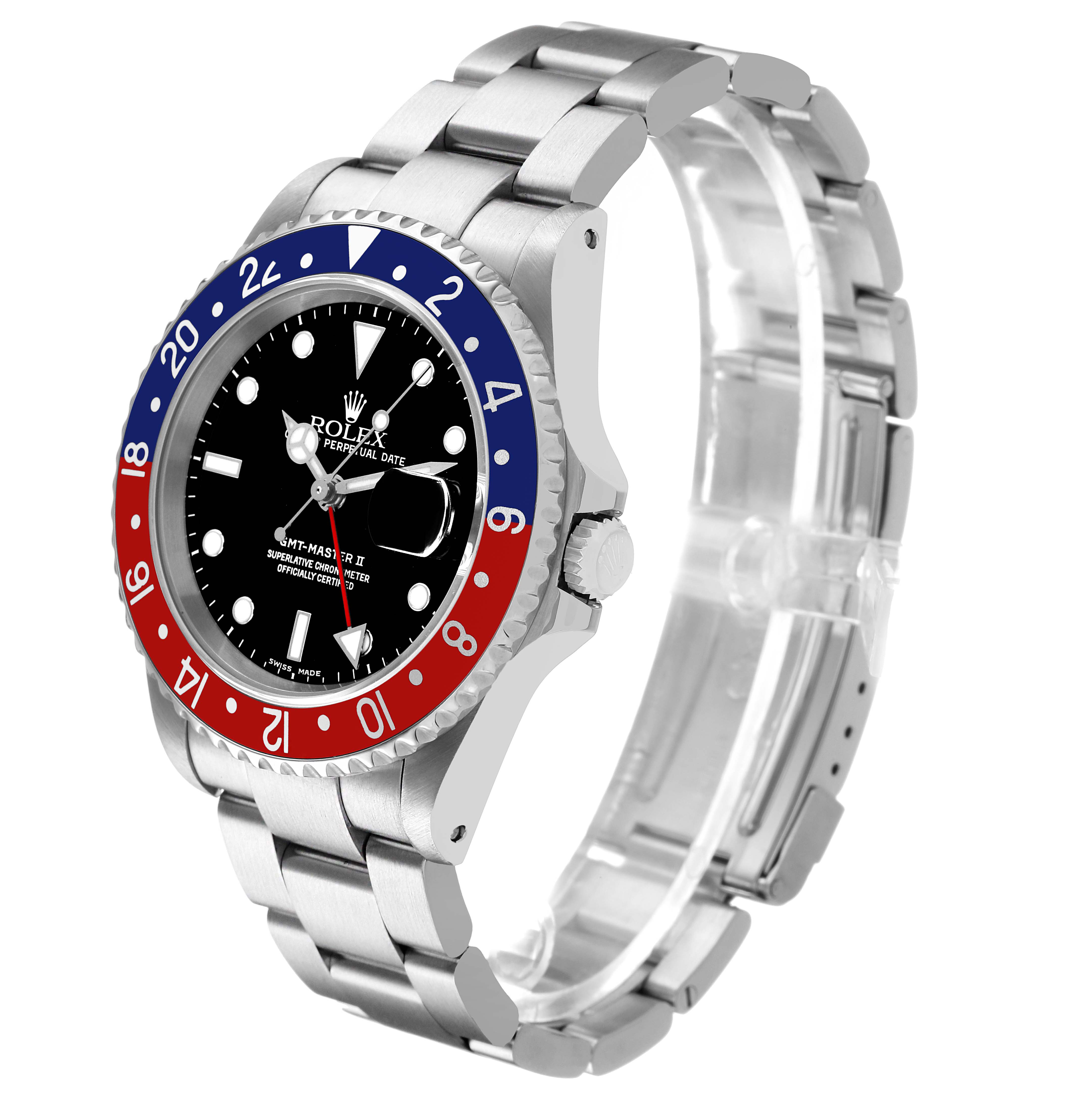 The Rolex GMT-Master 16710 Men's Stainless Steel Black Dial watch is shown from an angled side view, displaying the bezel, dial, and bracelet.
