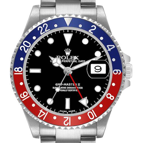 The Rolex GMT-Master 16710 Men's Stainless Steel Black Dial watch is shown from a top view, highlighting the bezel, dial, and date window.