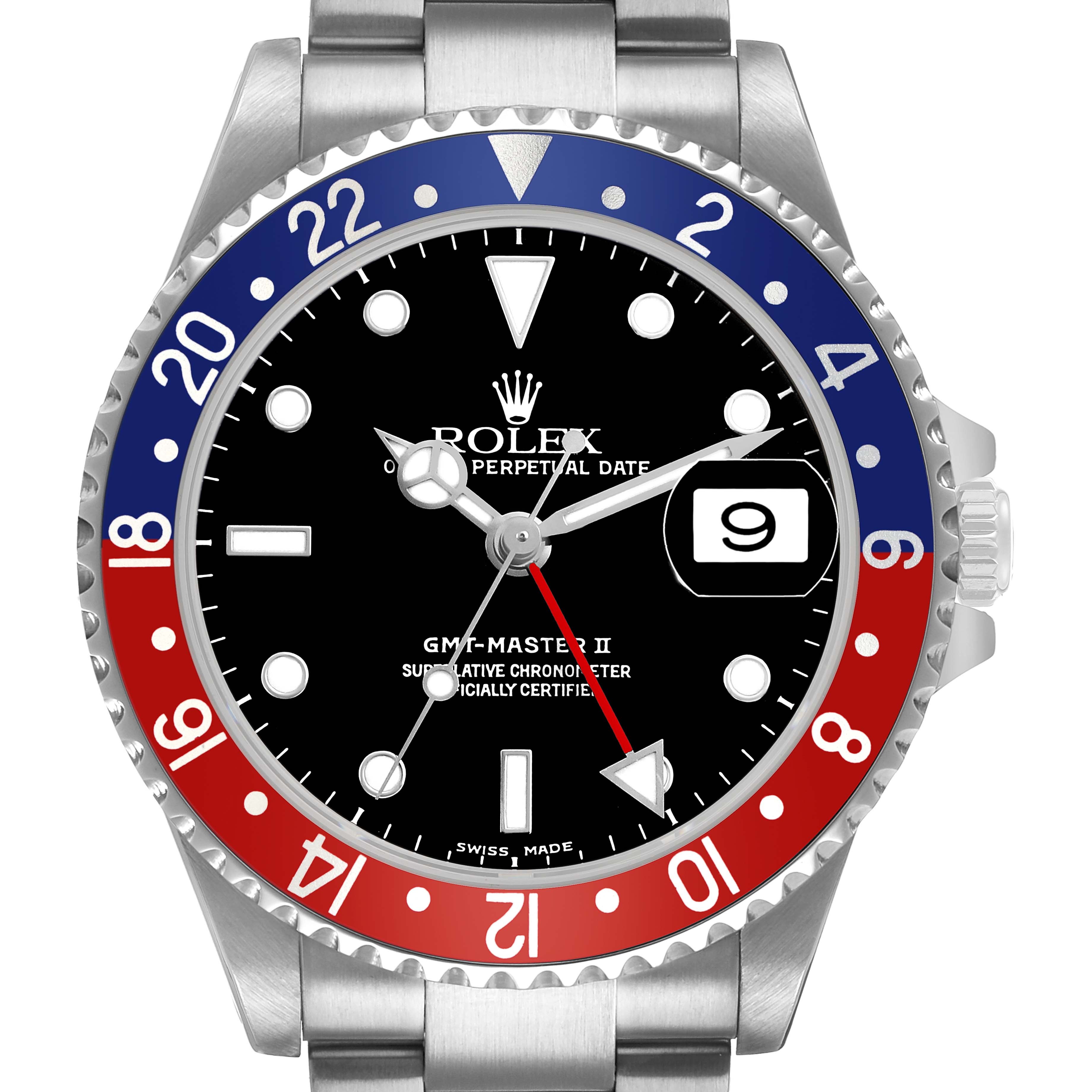 The Rolex GMT-Master 16710 Men's Stainless Steel Black Dial model is shown from a top view, highlighting the bezel, dial, and crown.
