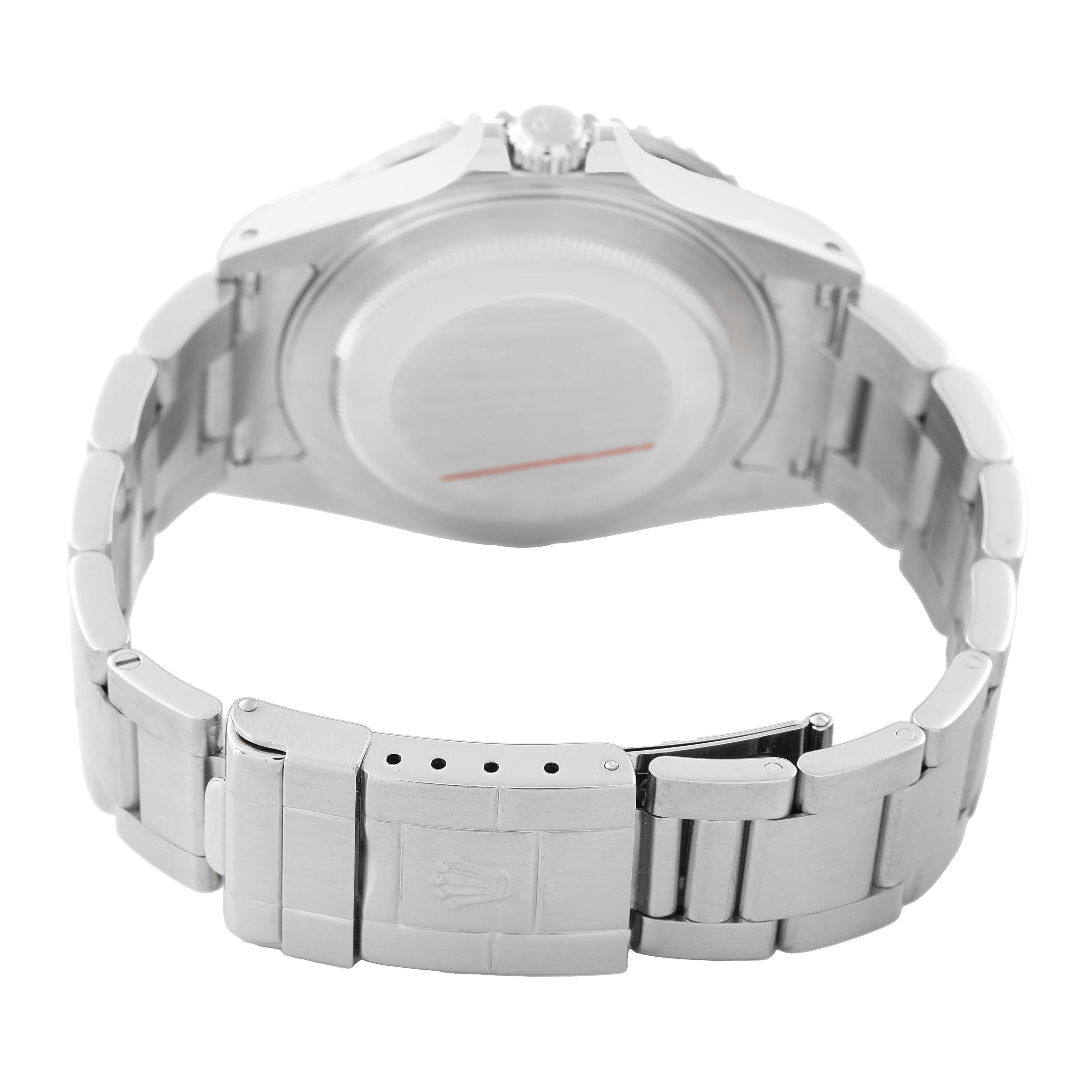 The image shows the back view of a Rolex GMT-Master 16710 Men's Stainless Steel Black Dial, highlighting its clasp and bracelet.