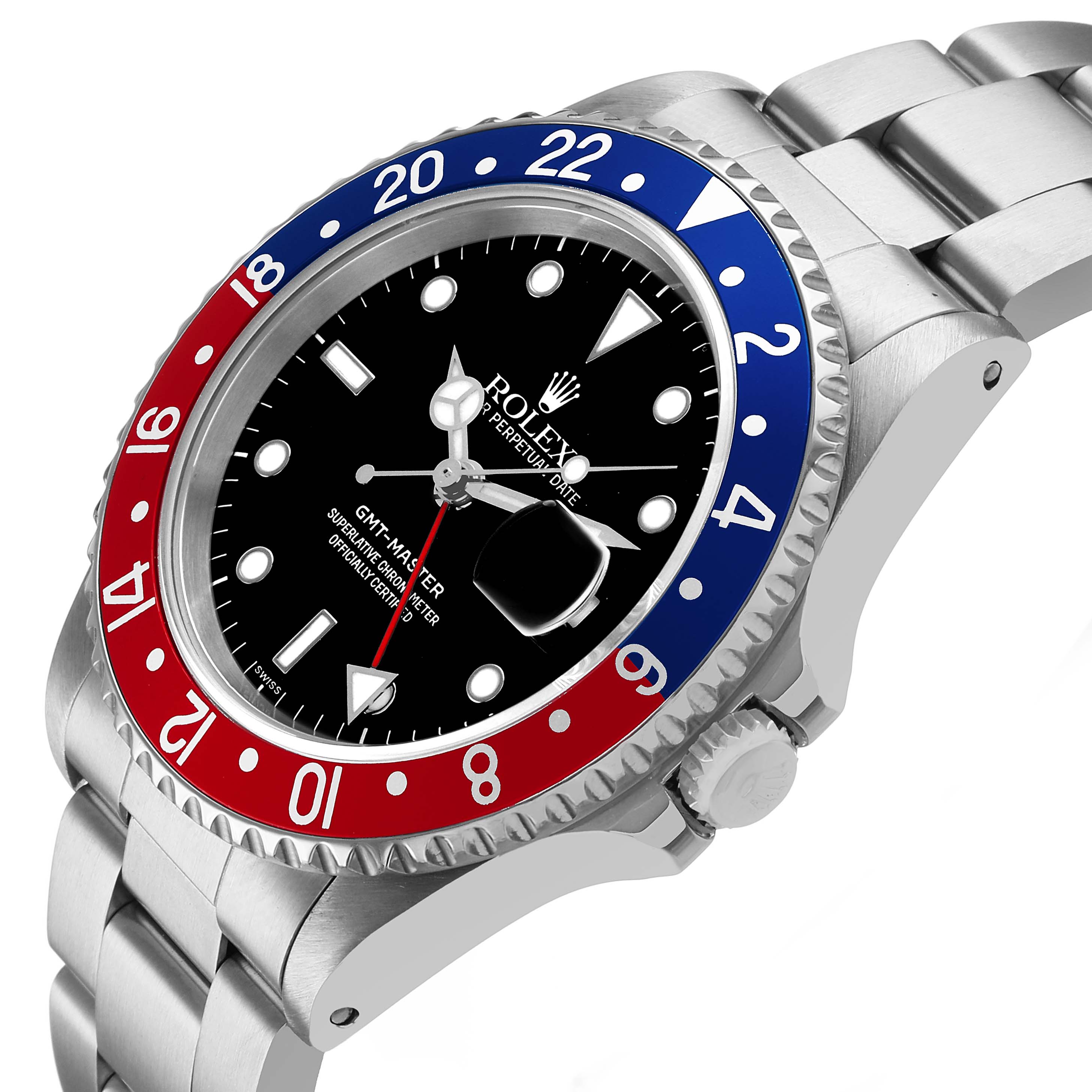 The Rolex GMT-Master 16700 Men's Stainless Steel Black Dial watch is shown from a side angle, displaying the bezel, face, and bracelet.