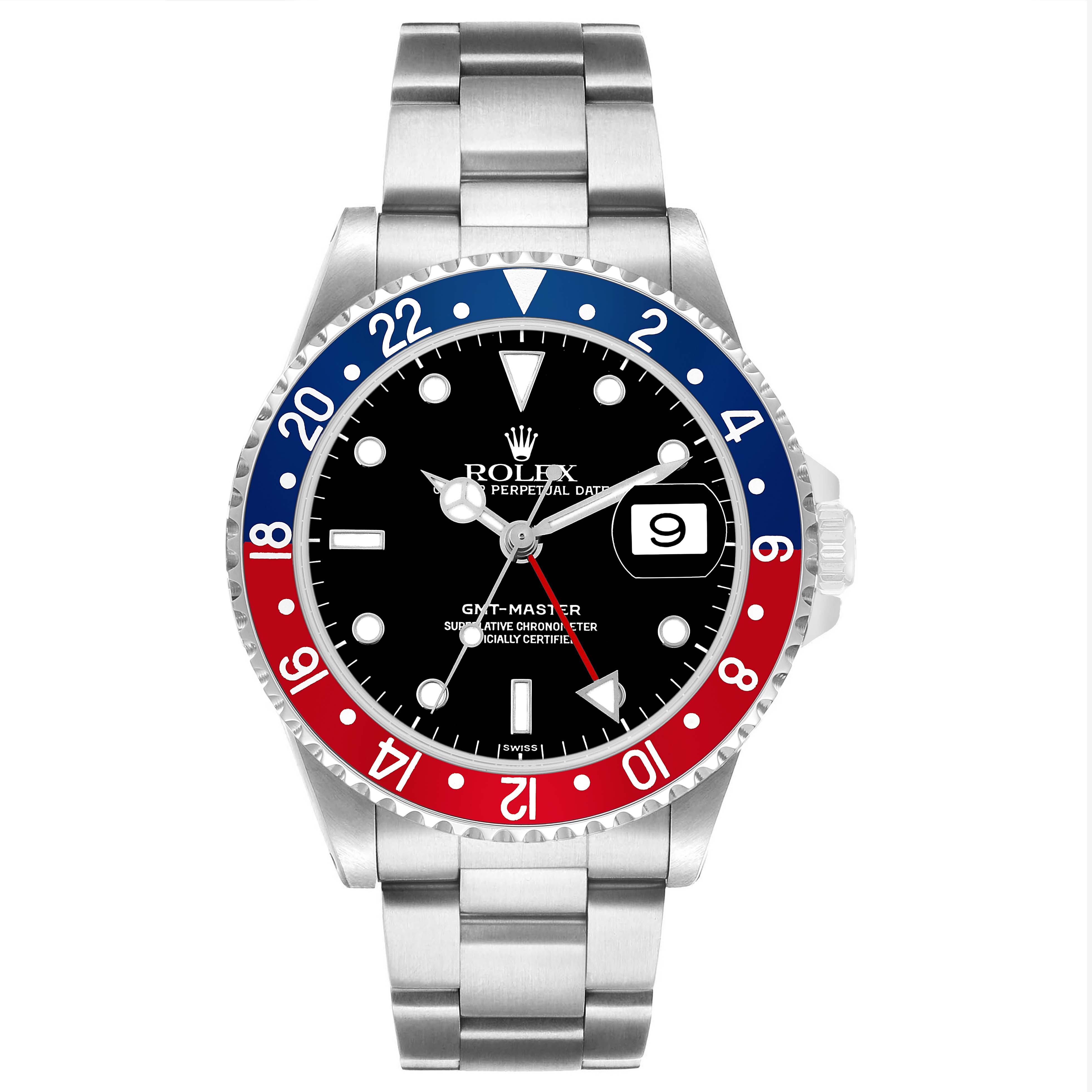 The Rolex GMT-Master 16700 Men's Stainless Steel Black Dial watch is shown from a front angle, displaying its bezel, dial, hands, date, and bracelet.