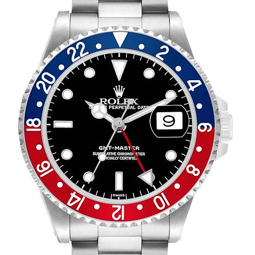 The Rolex GMT-Master 16700 Men's Stainless Steel Black Dial watch is shown from the front, highlighting its black dial, red/blue bezel, and date window.