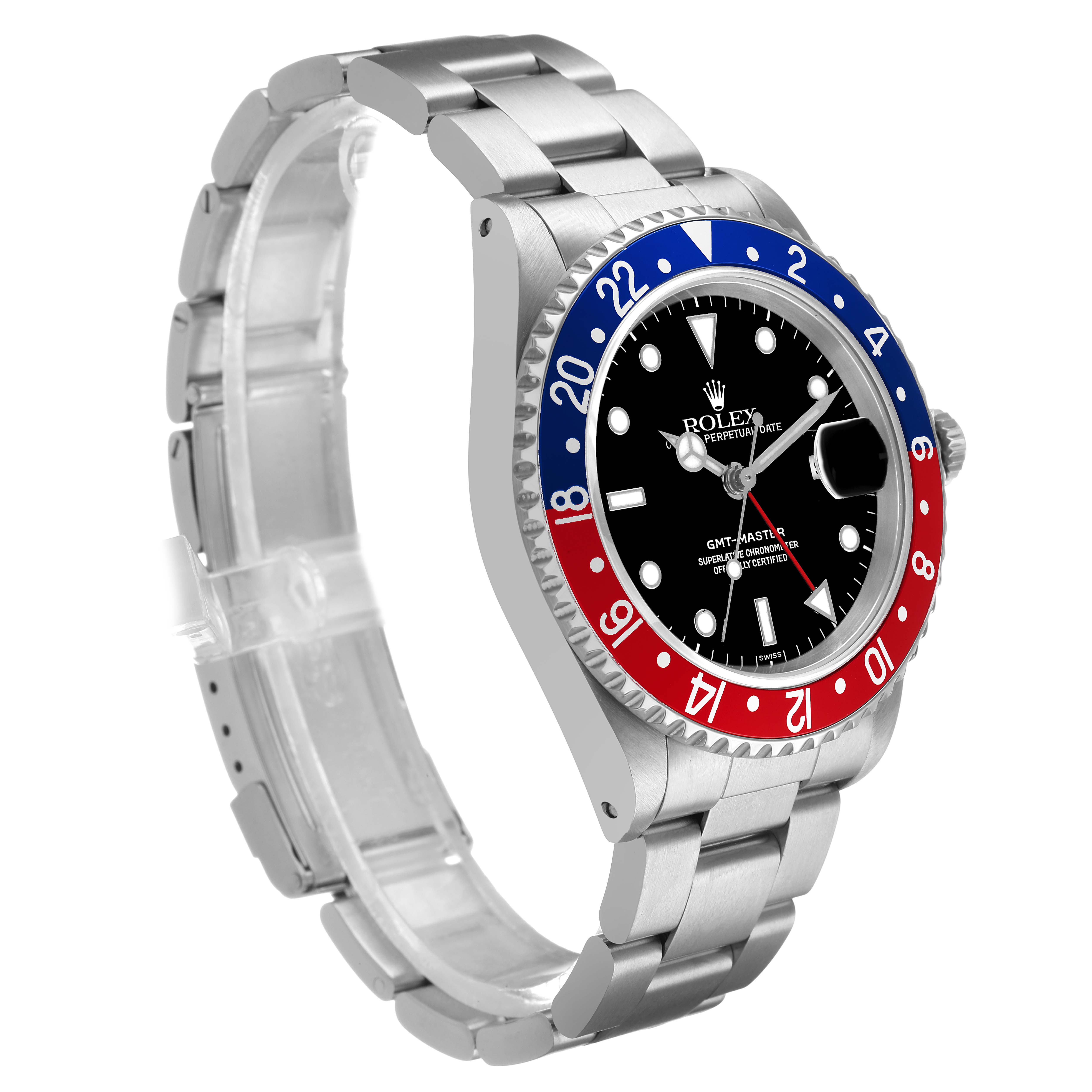 The Rolex GMT-Master 16700 Men's Stainless Steel Black Dial watch is shown at an angled view, highlighting the "Pepsi" bezel, black dial, and stainless steel bracelet.