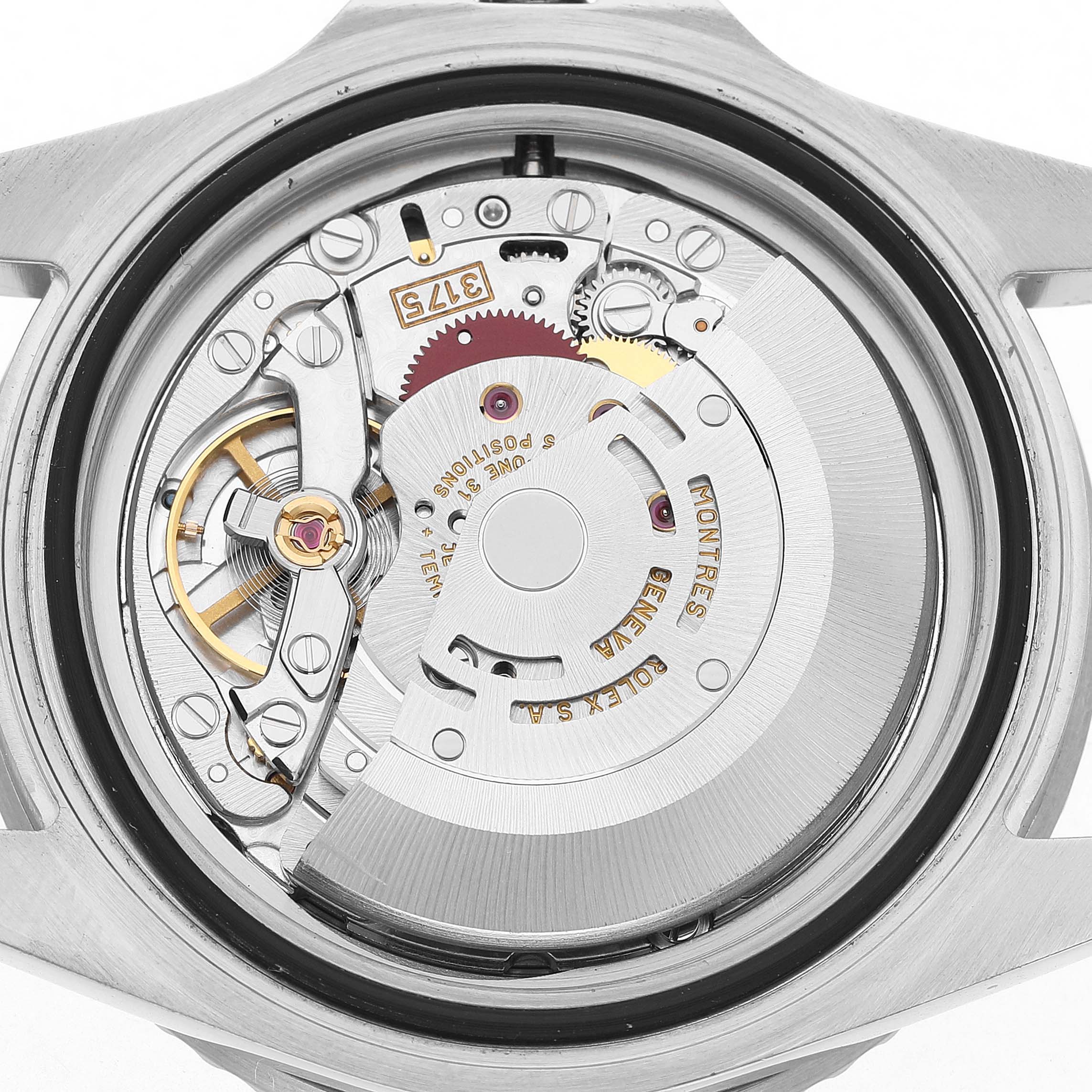 This image shows the back view of the Rolex GMT-Master 16700 Men's Stainless Steel Black Dial, highlighting its intricate movement and inner mechanism details.