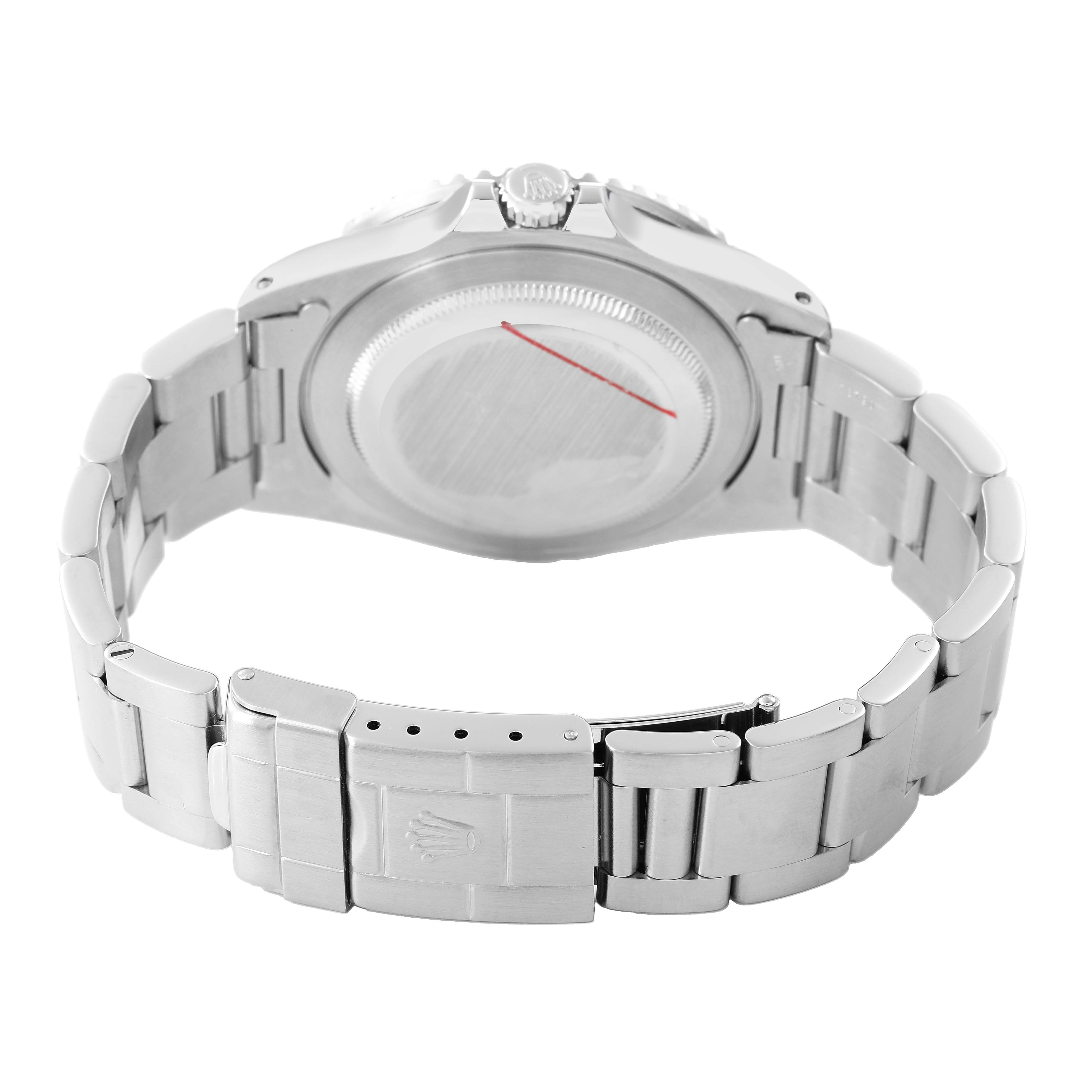 The image shows the back and bracelet of a Rolex GMT-Master 16700 Men's Stainless Steel Black Dial watch, highlighting the clasp and case back.