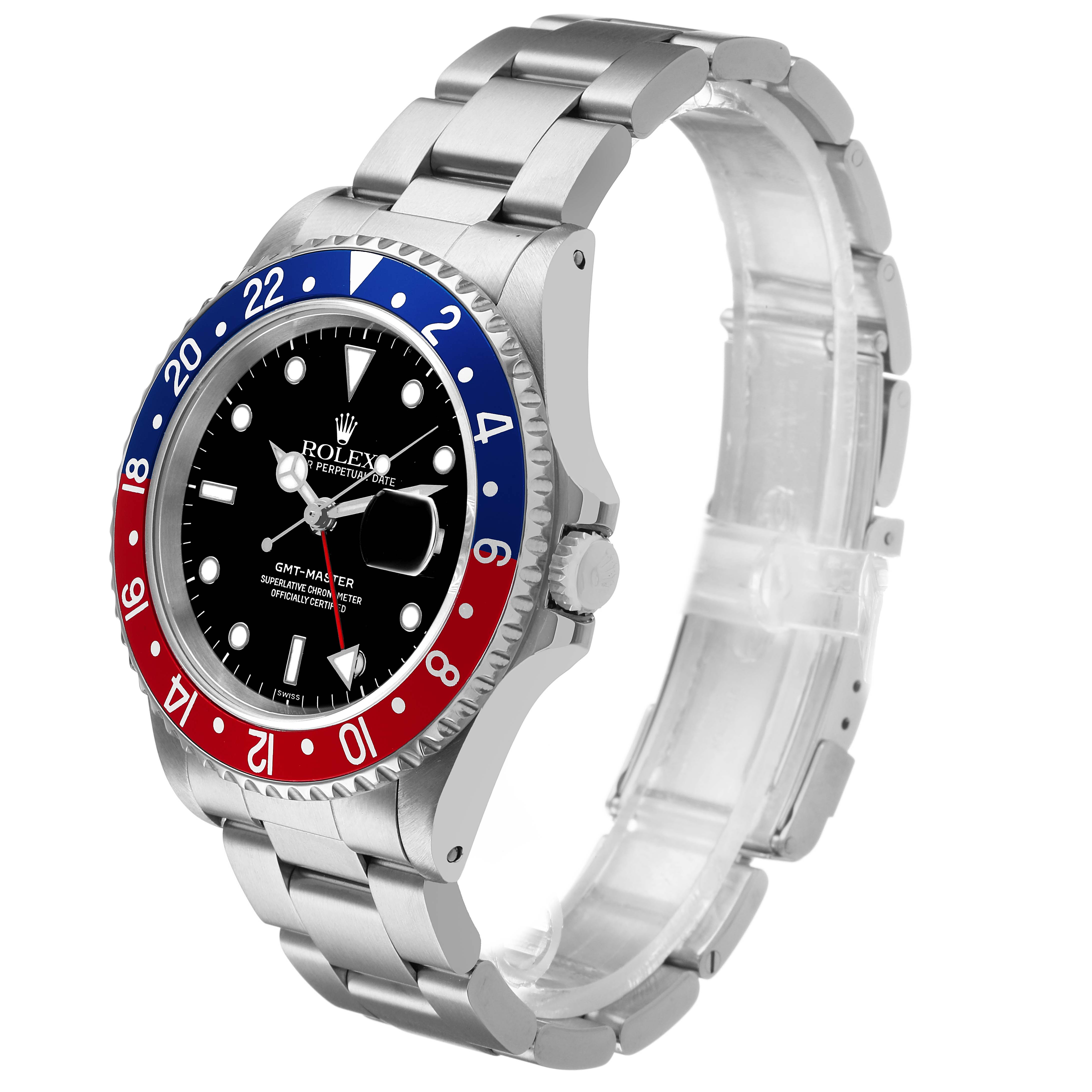 The Rolex GMT-Master 16700 Men's Stainless Steel Black Dial watch is shown at a three-quarter angle, displaying the bezel, dial, case, crown, and bracelet.