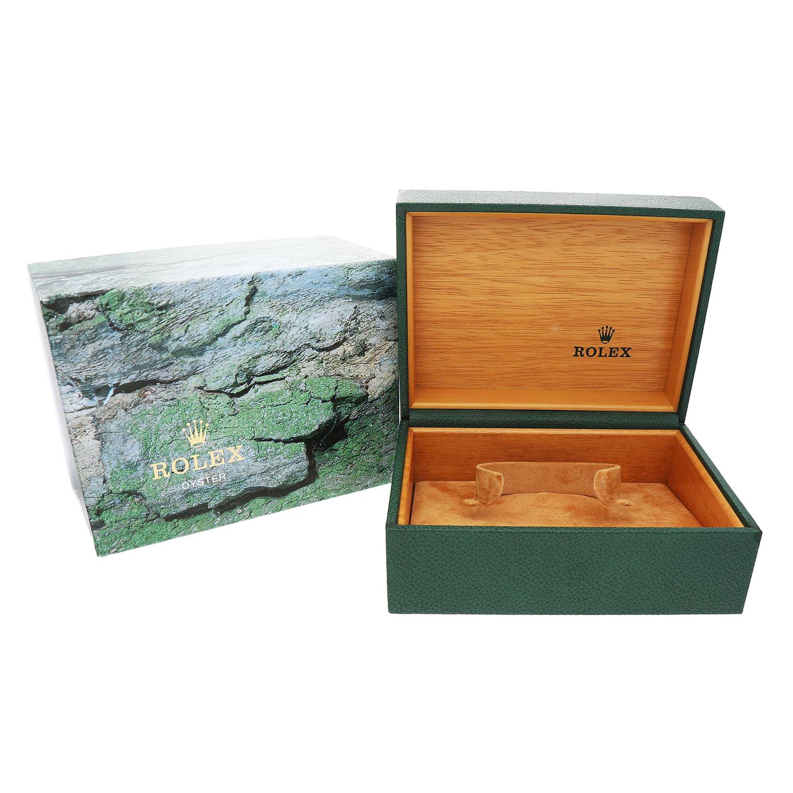 The image shows a Rolex GMT-Master 16700 Men's Stainless Steel Black Dial watch box and packaging, featuring green textured and wood interior design.