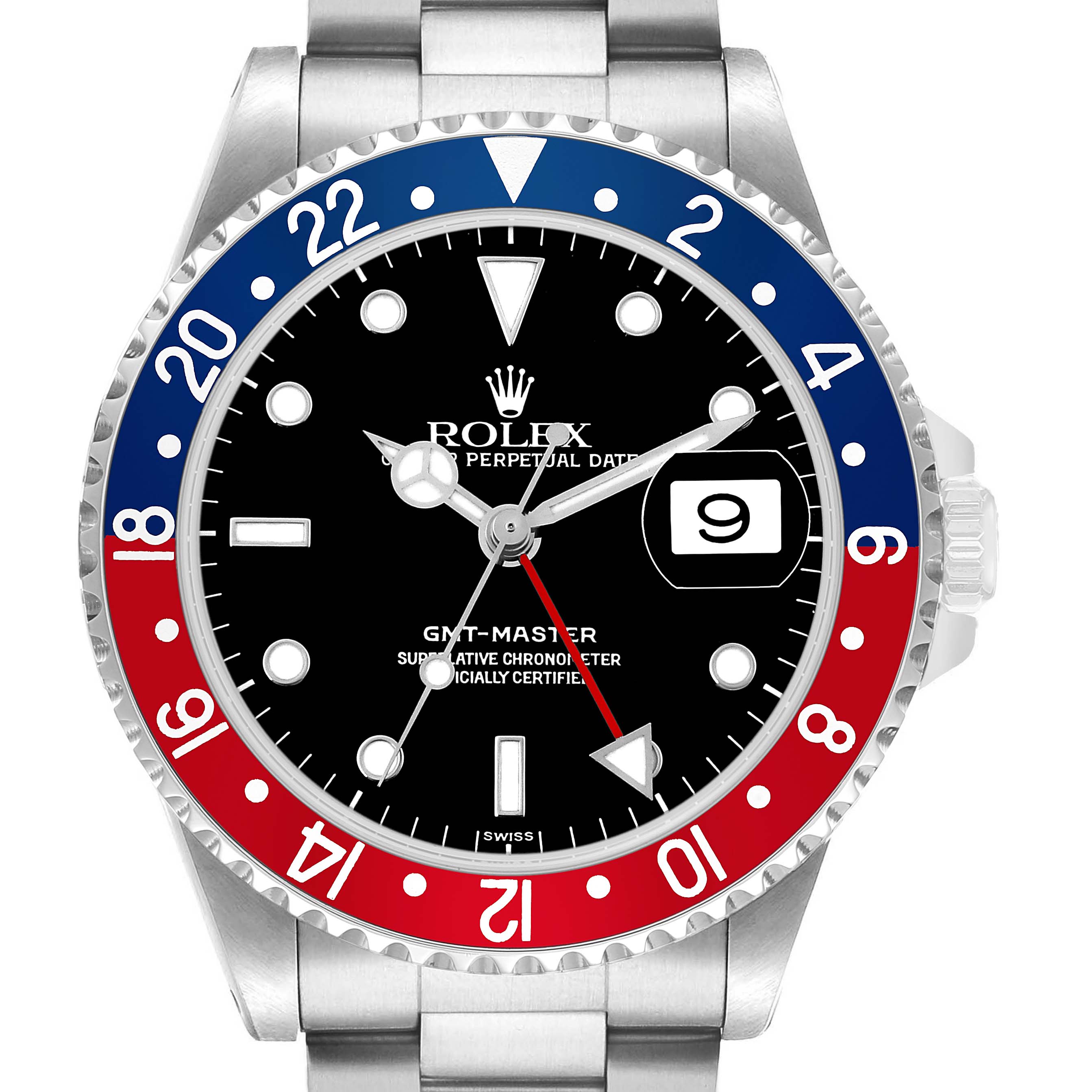 The Rolex GMT-Master 16700 Men's Stainless Steel Black Dial watch is shown from a top-down angle, highlighting the dial, bezel, and bracelet.