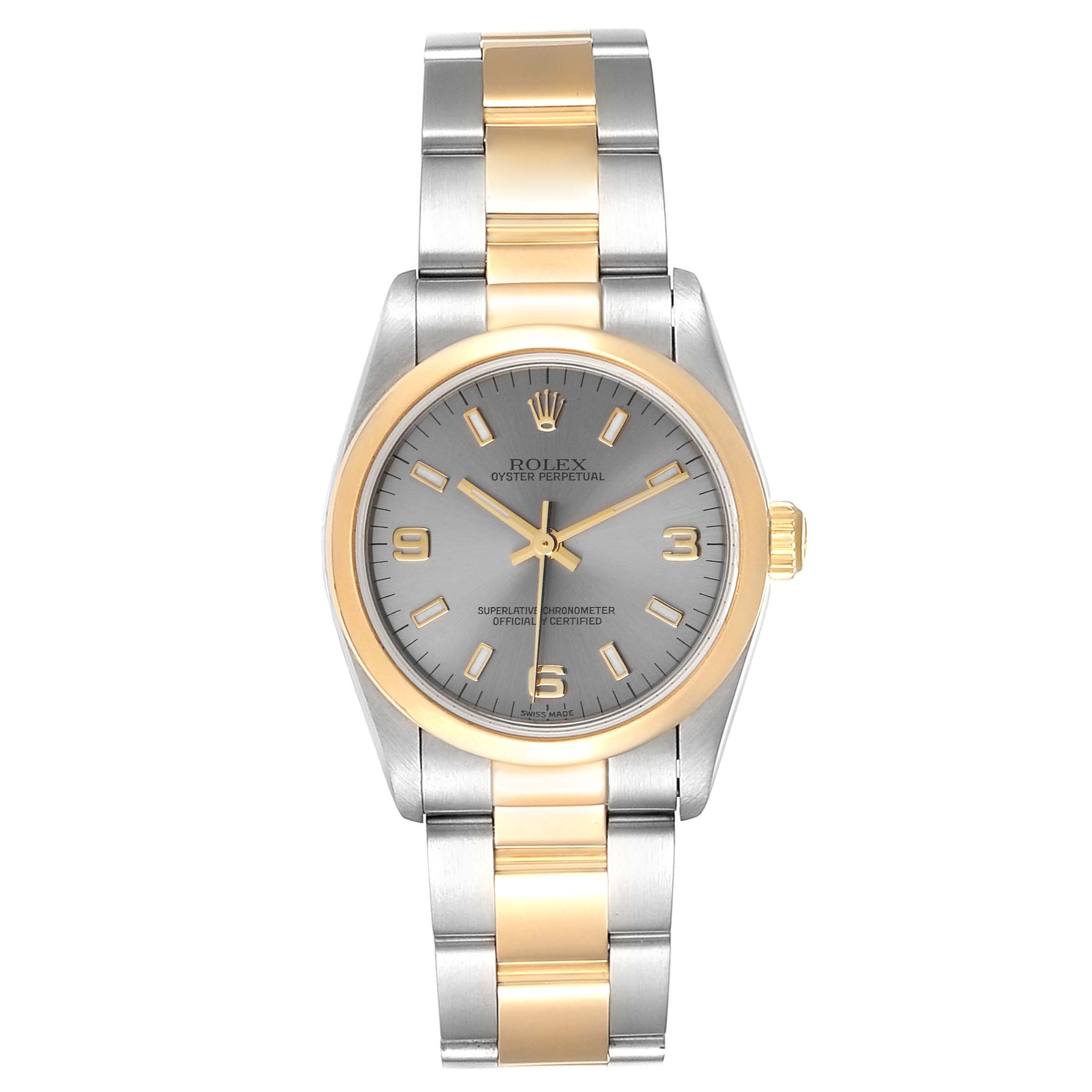 This image shows a front view of the Rolex Mid-Size 77483 Women
s Steel and Gold (two tone) Grey Dial 77483 Women
s Steel and Gold (two tone) Grey Dial Oyster Perpetual watch with a two-tone silver and gold bracelet.