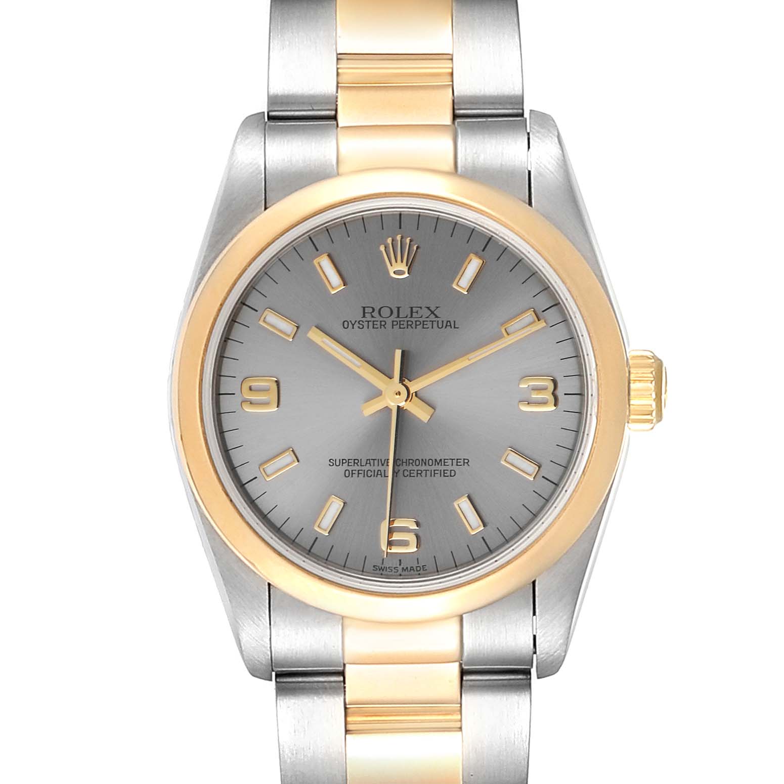 This image shows a front view of the Rolex Mid-Size 77483 Women
s Steel and Gold (two tone) Grey Dial 77483 Women
s Steel and Gold (two tone) Grey Dial Oyster Perpetual watch featuring a silver dial and gold and silver bracelet.