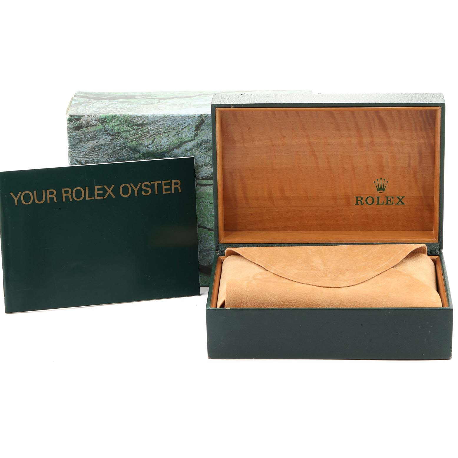 The image shows a Rolex Mid-Size 77483 Women
s Steel and Gold (two tone) Grey Dial 77483 Women
s Steel and Gold (two tone) Grey Dial model
s box, case, and booklet viewed from the front.