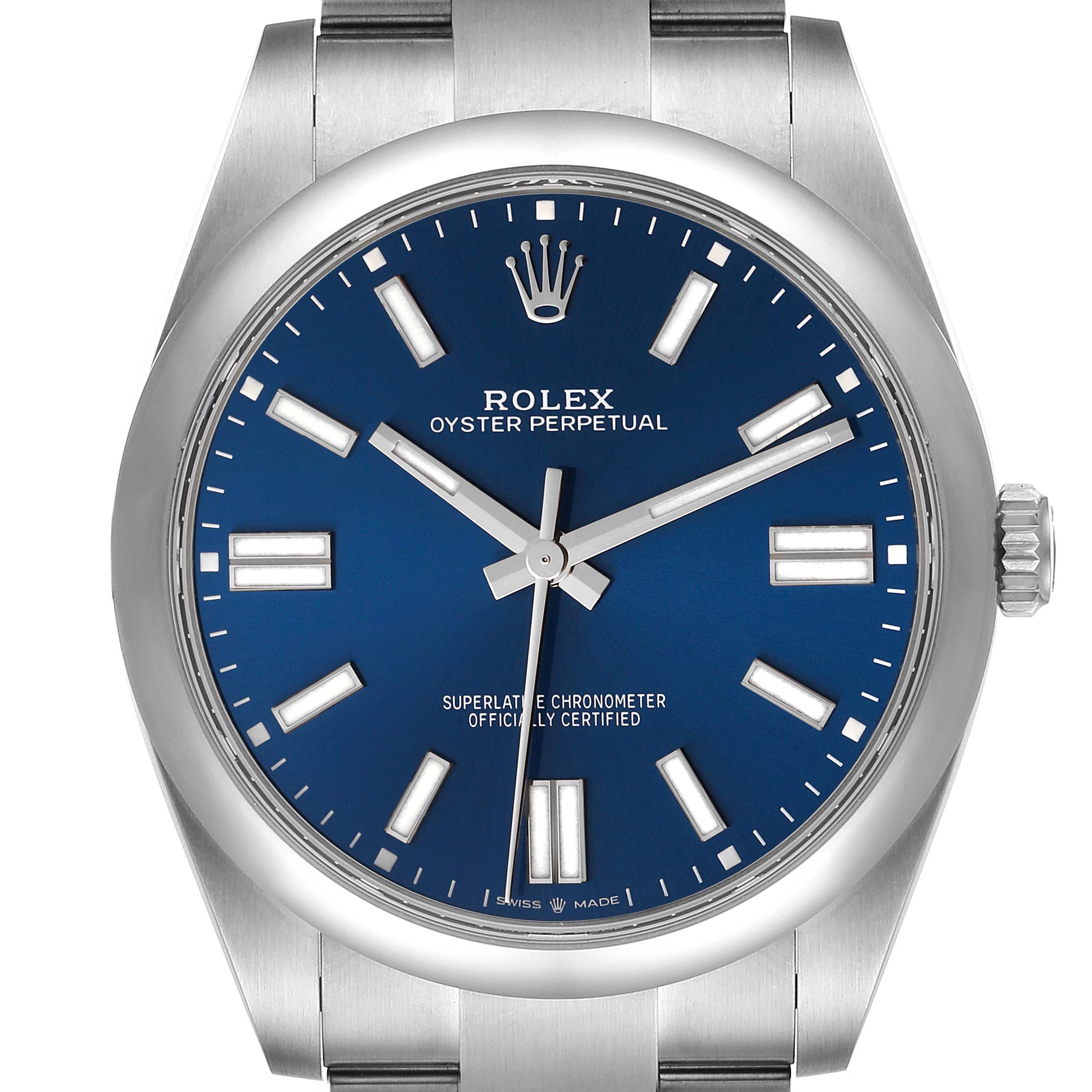 This image shows a Rolex Oyster Perpetual 124300 Men
s Stainless Steel Blue Dial 124300 Men
s Stainless Steel Blue Dial watch from a front angle, displaying its blue face, hour markers, and stainless steel case and bracelet.