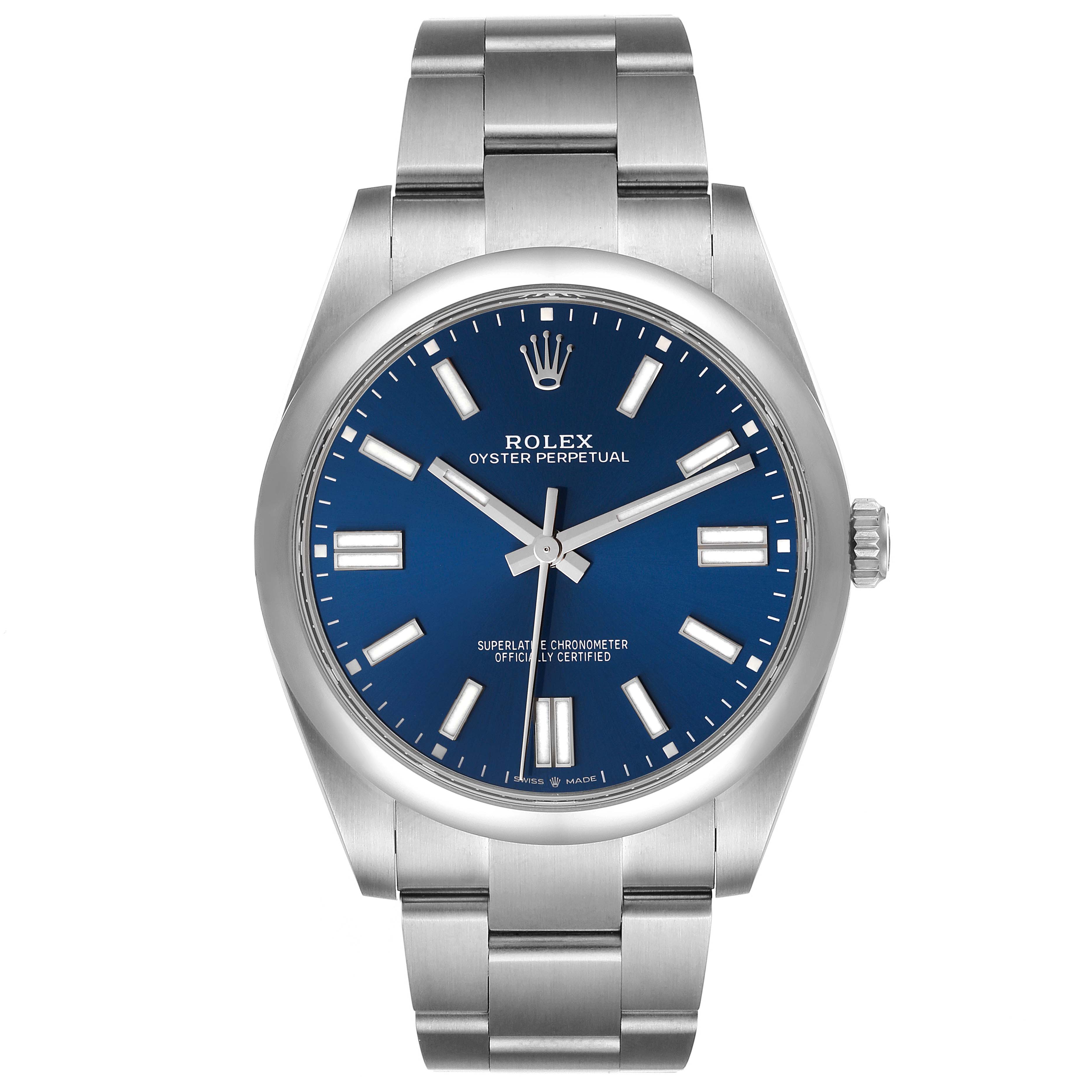 This image shows a front view of a Rolex Oyster Perpetual 124300 Men
s Stainless Steel Blue Dial 124300 Men
s Stainless Steel Blue Dial watch, highlighting its blue dial, stainless steel case, and bracelet.