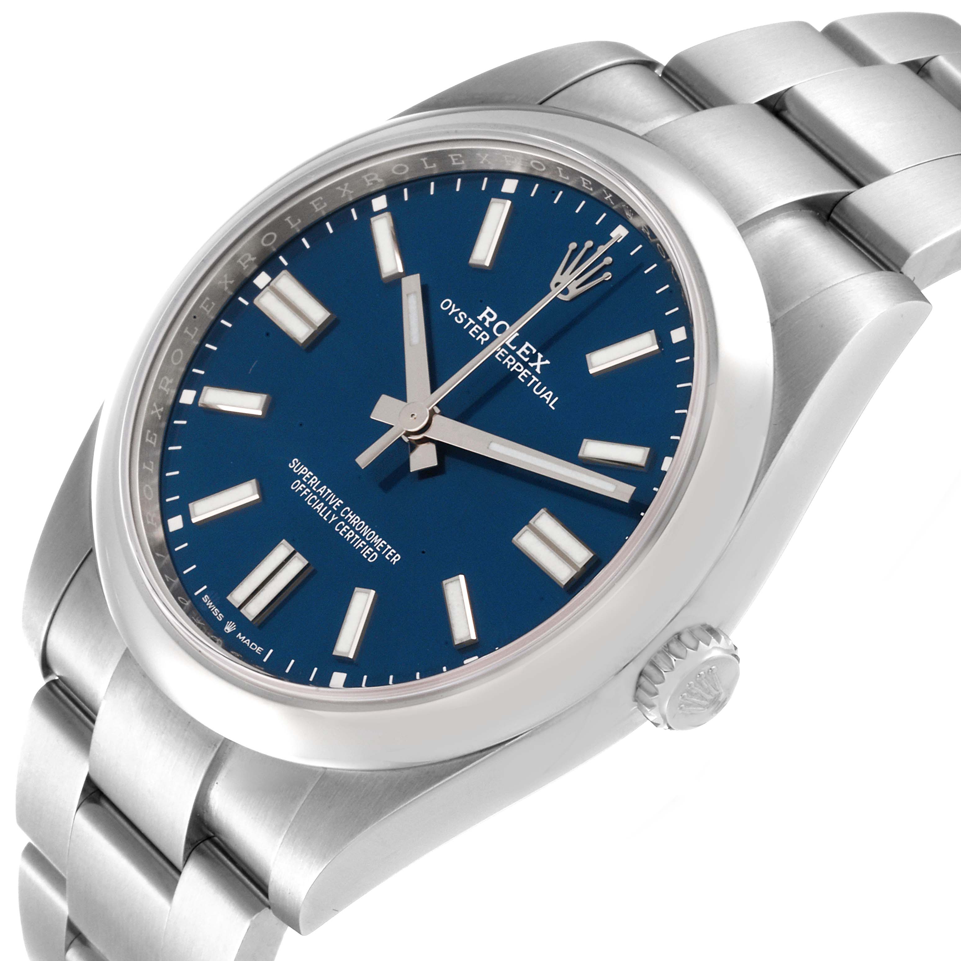 The Rolex Oyster Perpetual 124300 Men
s Stainless Steel Blue Dial 124300 Men
s Stainless Steel Blue Dial watch is shown at an angle highlighting the face, bezel, crown, and part of the bracelet.