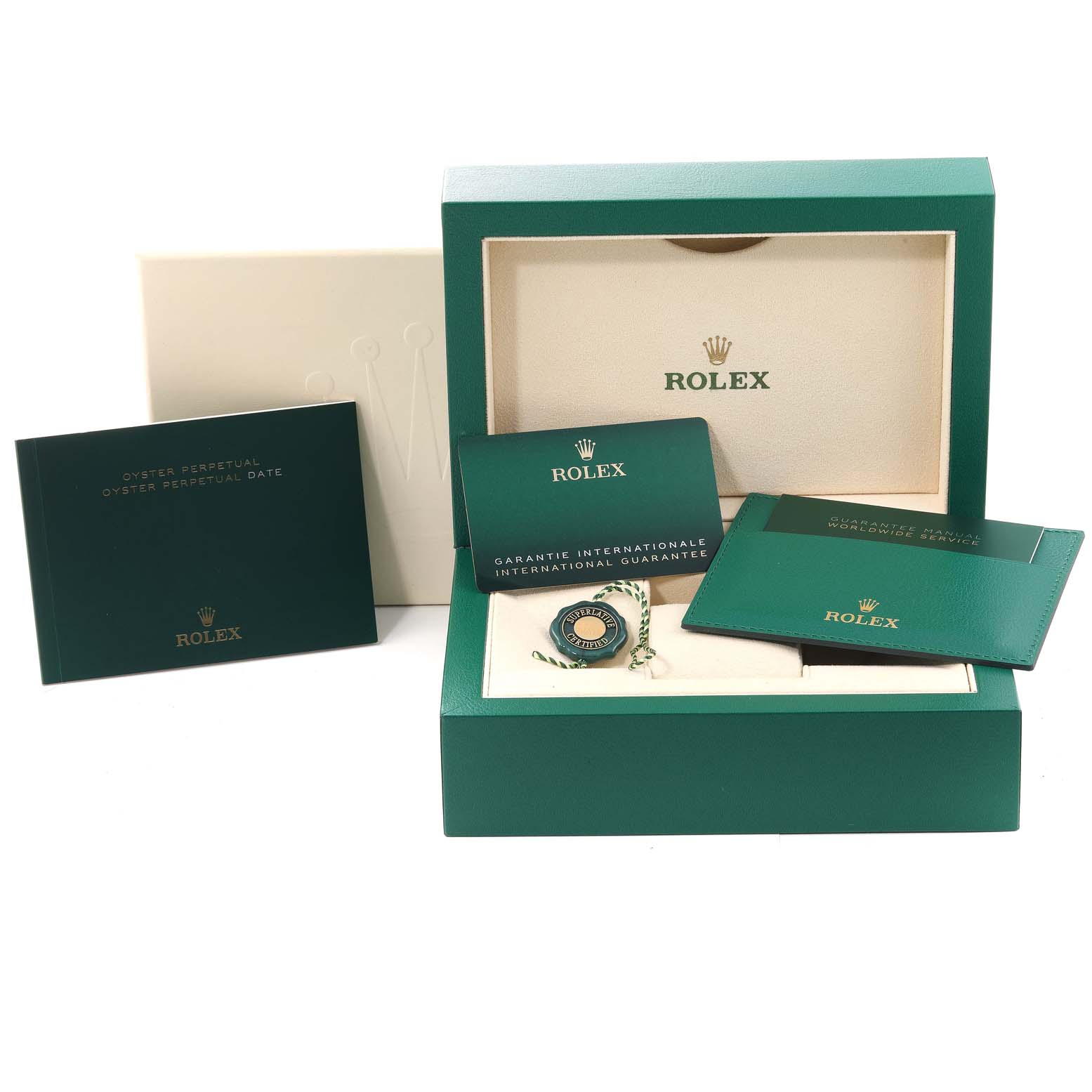 The image shows the packaging, warranty cards, tags, and booklets for a Rolex Oyster Perpetual 124300 Men
s Stainless Steel Blue Dial 124300 Men
s Stainless Steel Blue Dial watch.
