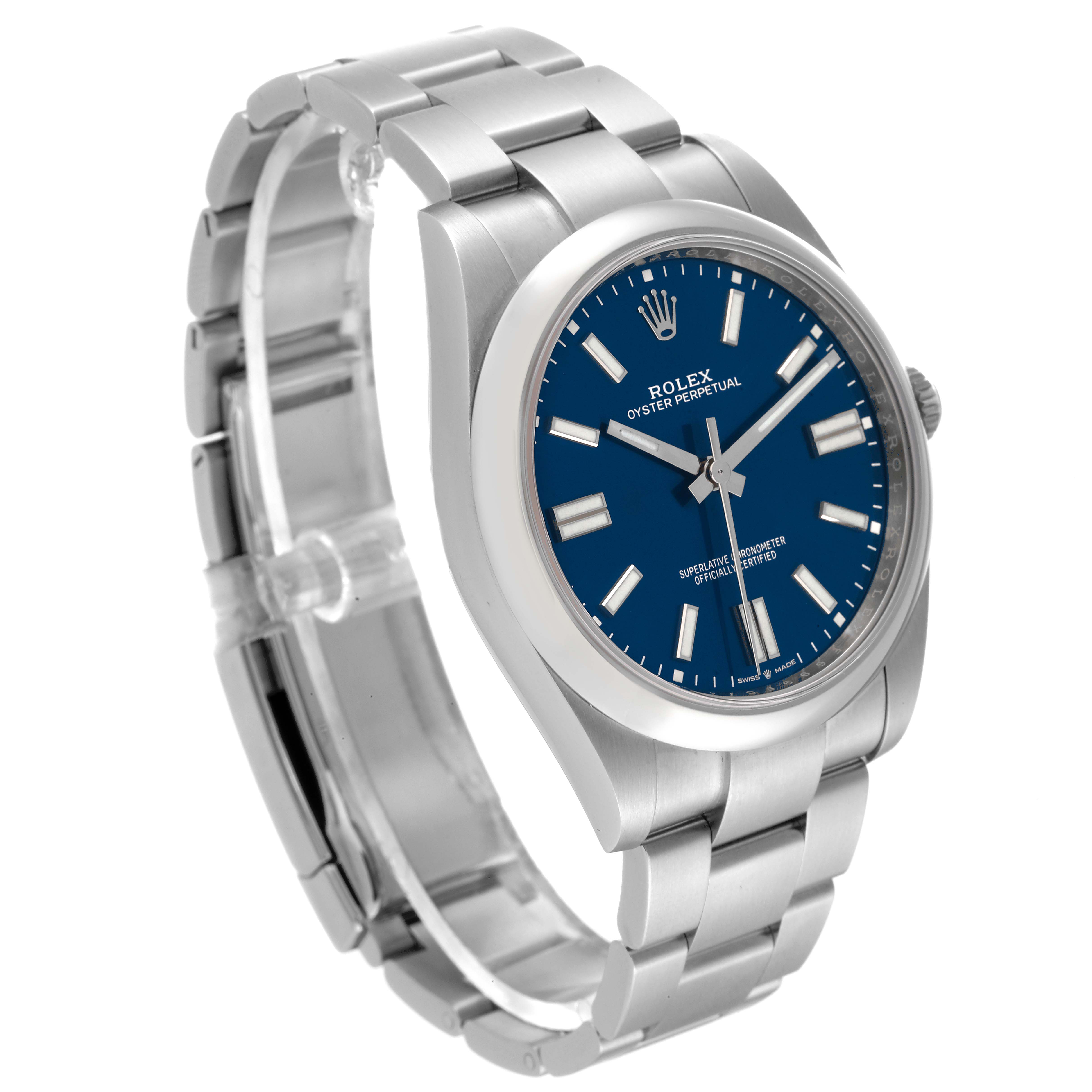 This Rolex Oyster Perpetual 124300 Men
s Stainless Steel Blue Dial 124300 Men
s Stainless Steel Blue Dial watch is shown at a slightly tilted angle, highlighting its blue dial and stainless steel bracelet.