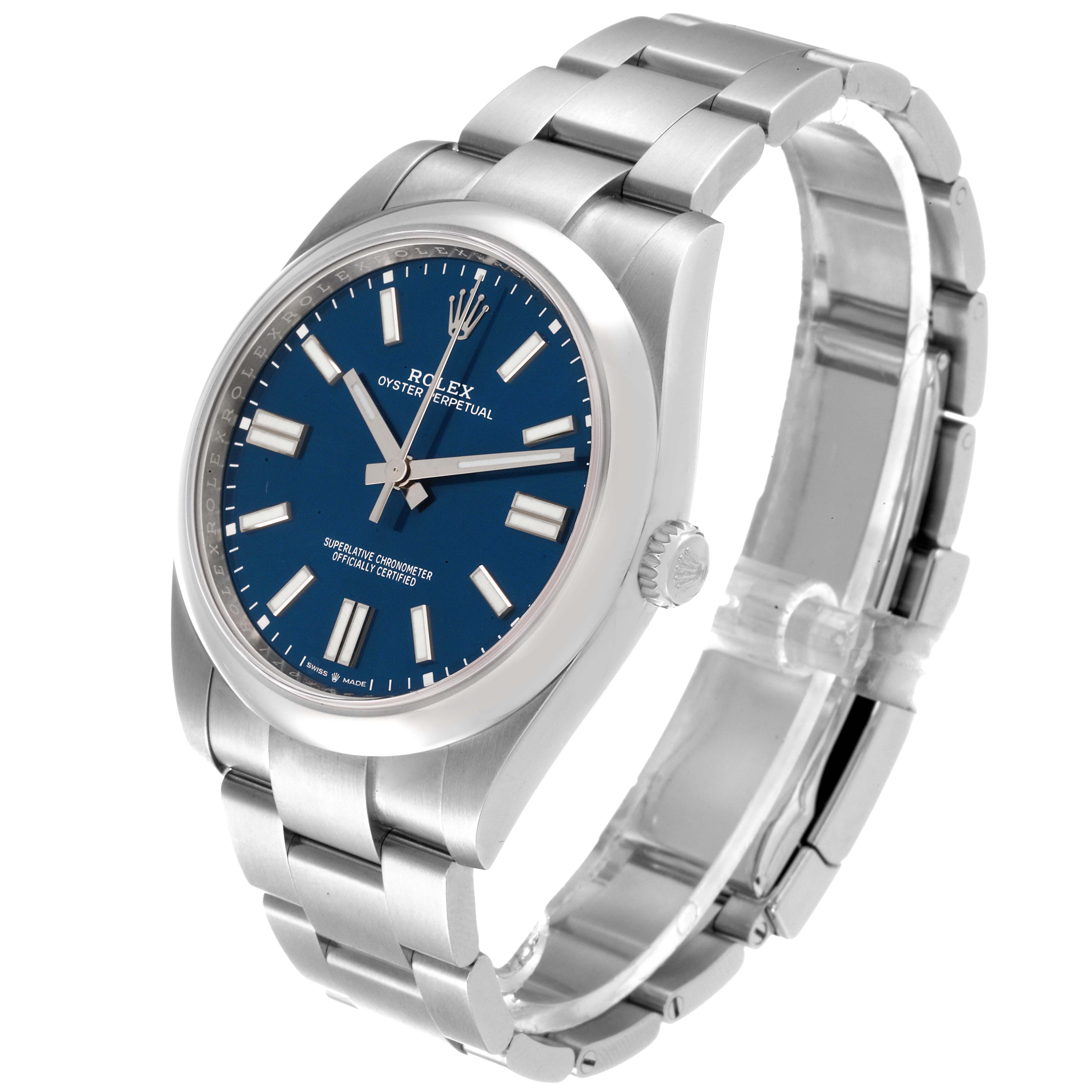 This image shows a Rolex Oyster Perpetual 124300 Men
s Stainless Steel Blue Dial 124300 Men
s Stainless Steel Blue Dial watch at a three-quarter angle, highlighting the dial, crown, and bracelet.