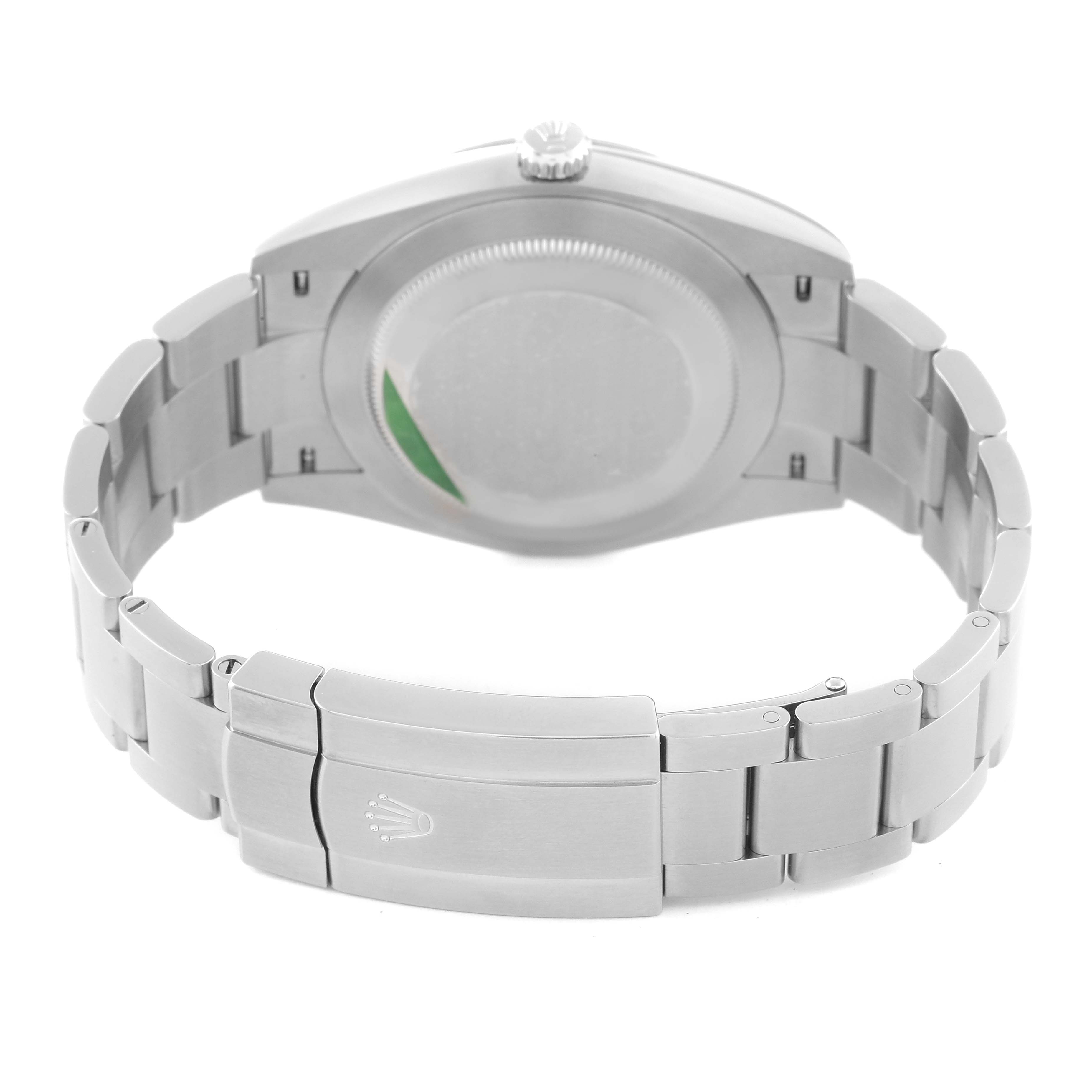 This image shows the back case and bracelet of the Rolex Oyster Perpetual 124300 Men
s Stainless Steel Blue Dial 124300 Men
s Stainless Steel Blue Dial model from a rear angle.