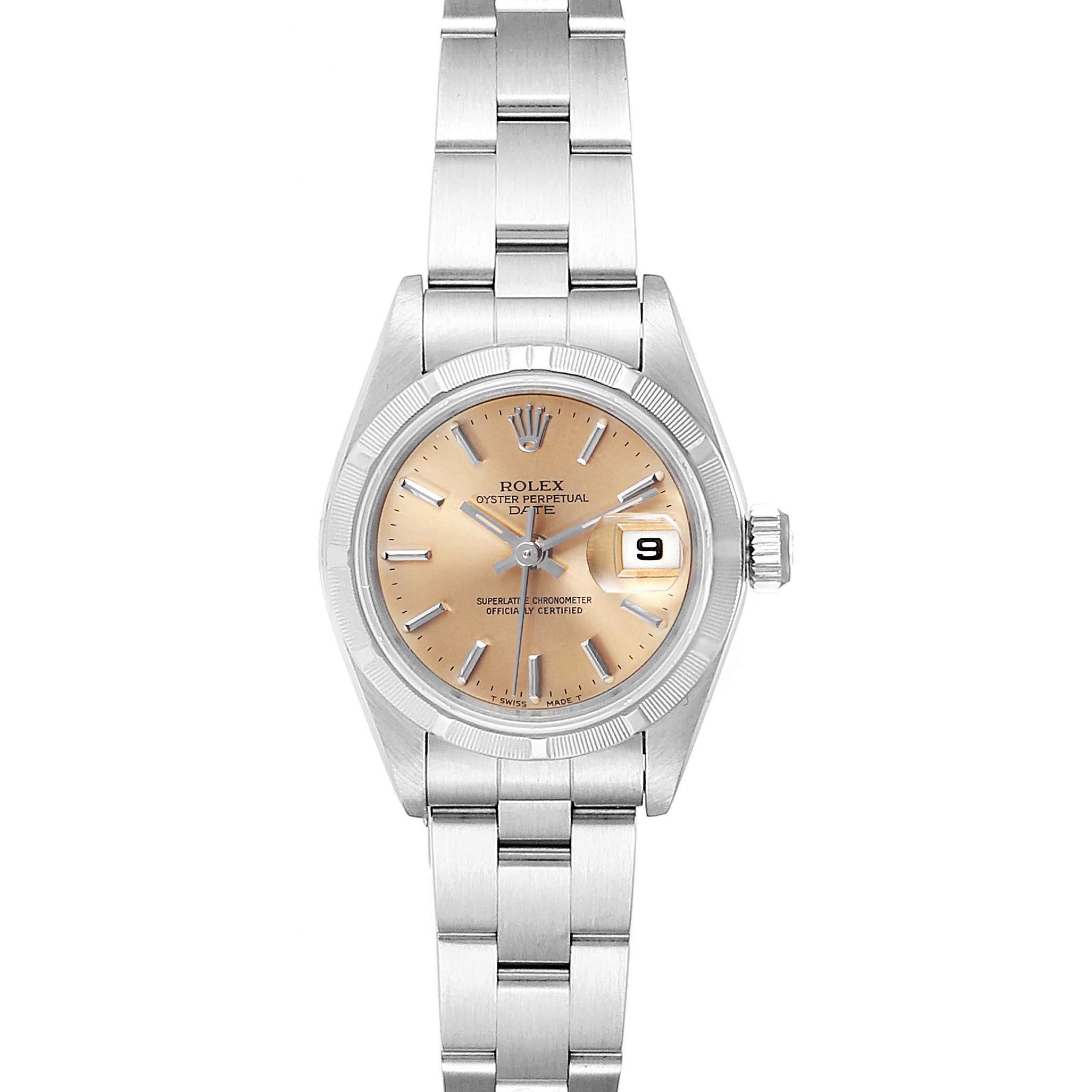 This Rolex Date 69190 Women's Stainless Steel Champagne Dial 69190 Women's Stainless Steel Champagne Dial model watch is shown from the front, highlighting its dial, date window, bezel, and bracelet.
