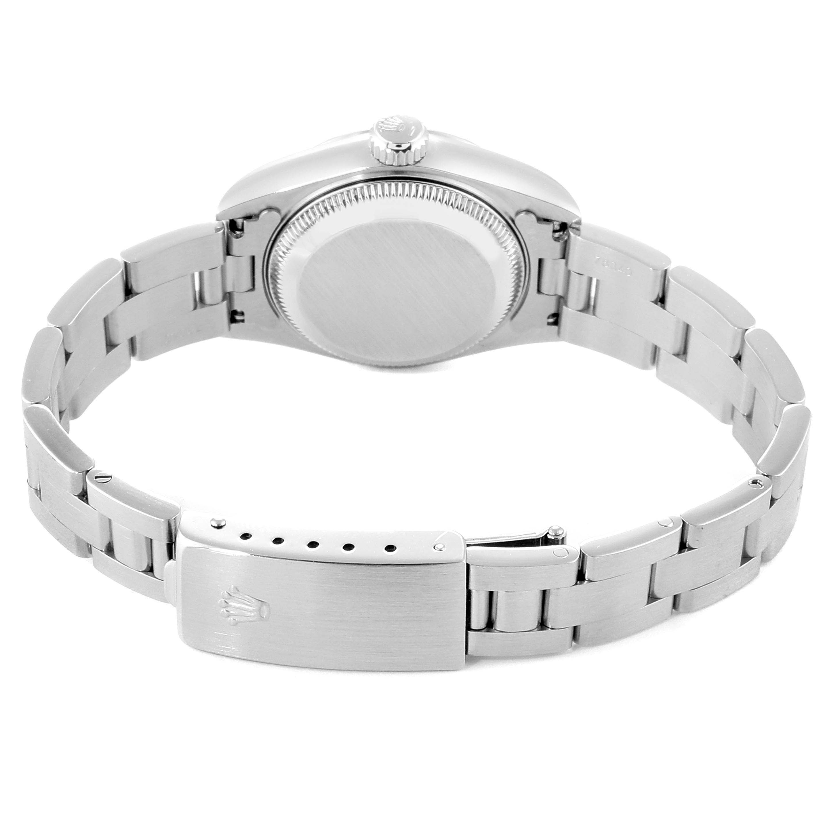 This image shows the back case and bracelet of a Rolex Date 69190 Women's Stainless Steel Champagne Dial 69190 Women's Stainless Steel Champagne Dial model watch, including the clasp and the crown.