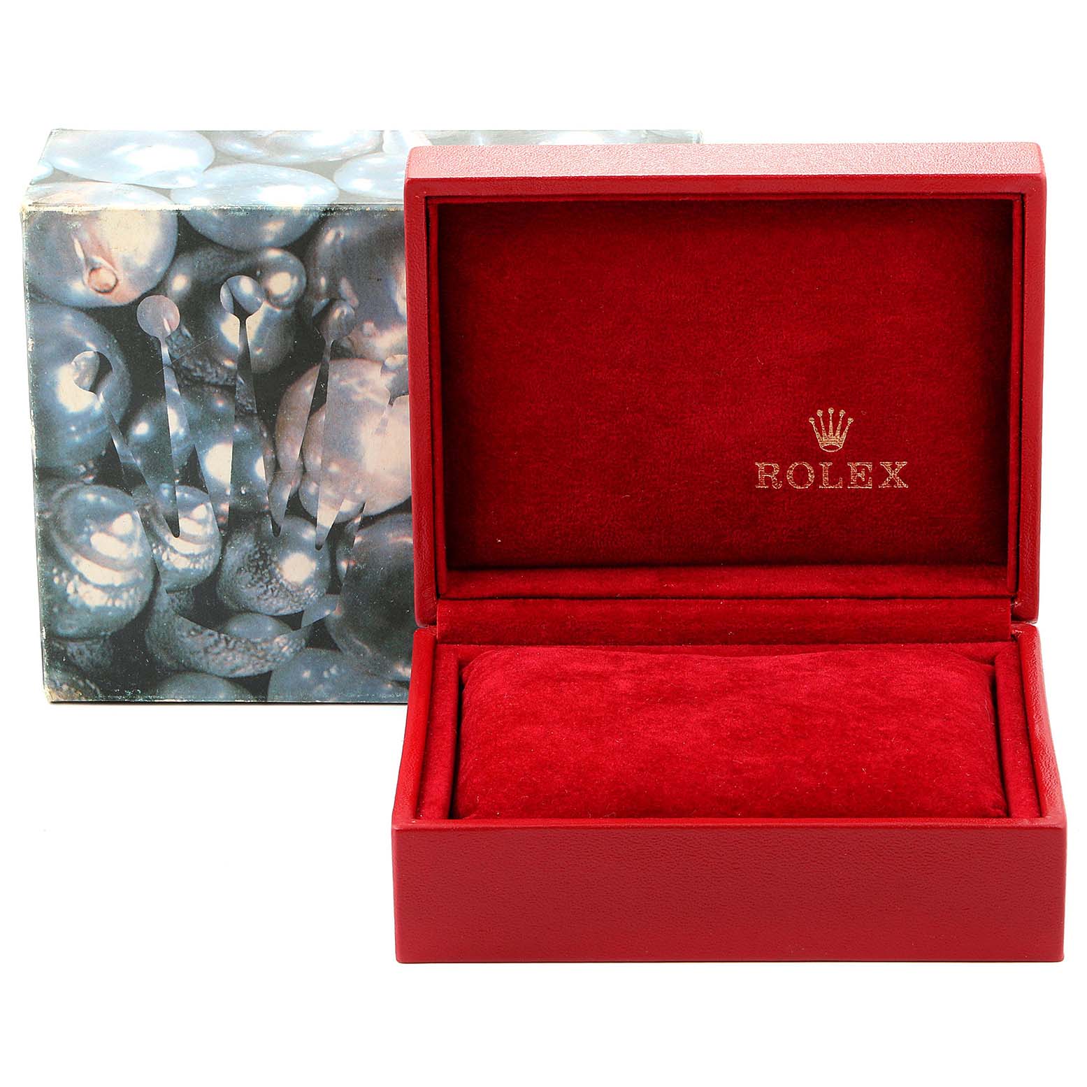 The image shows a Rolex Date 69190 Women's Stainless Steel Champagne Dial 69190 Women's Stainless Steel Champagne Dial model watch box with an open red velvet interior and a decorated outer box.