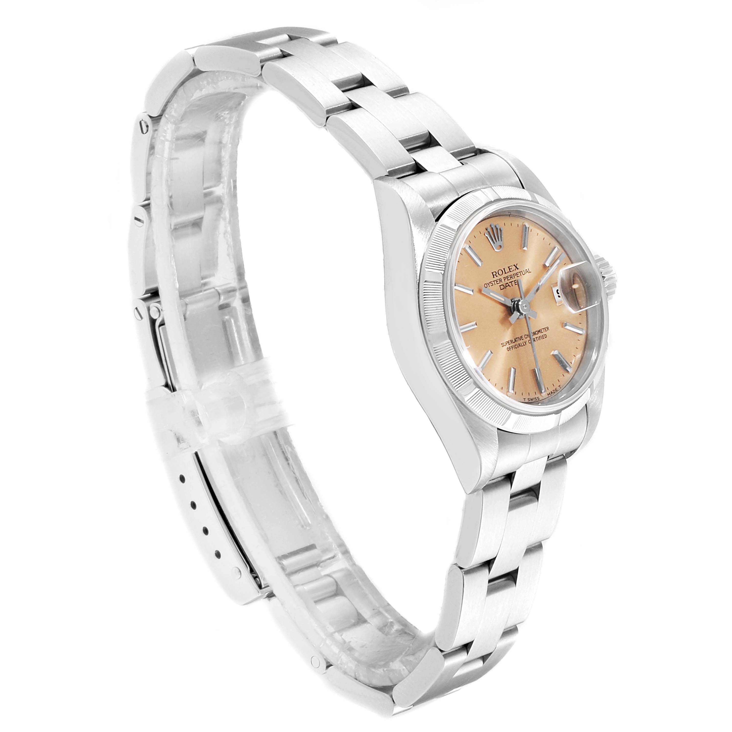 This image shows a Rolex Date 69190 Women's Stainless Steel Champagne Dial 69190 Women's Stainless Steel Champagne Dial model watch, angled from the side, displaying the bracelet, case, and face.