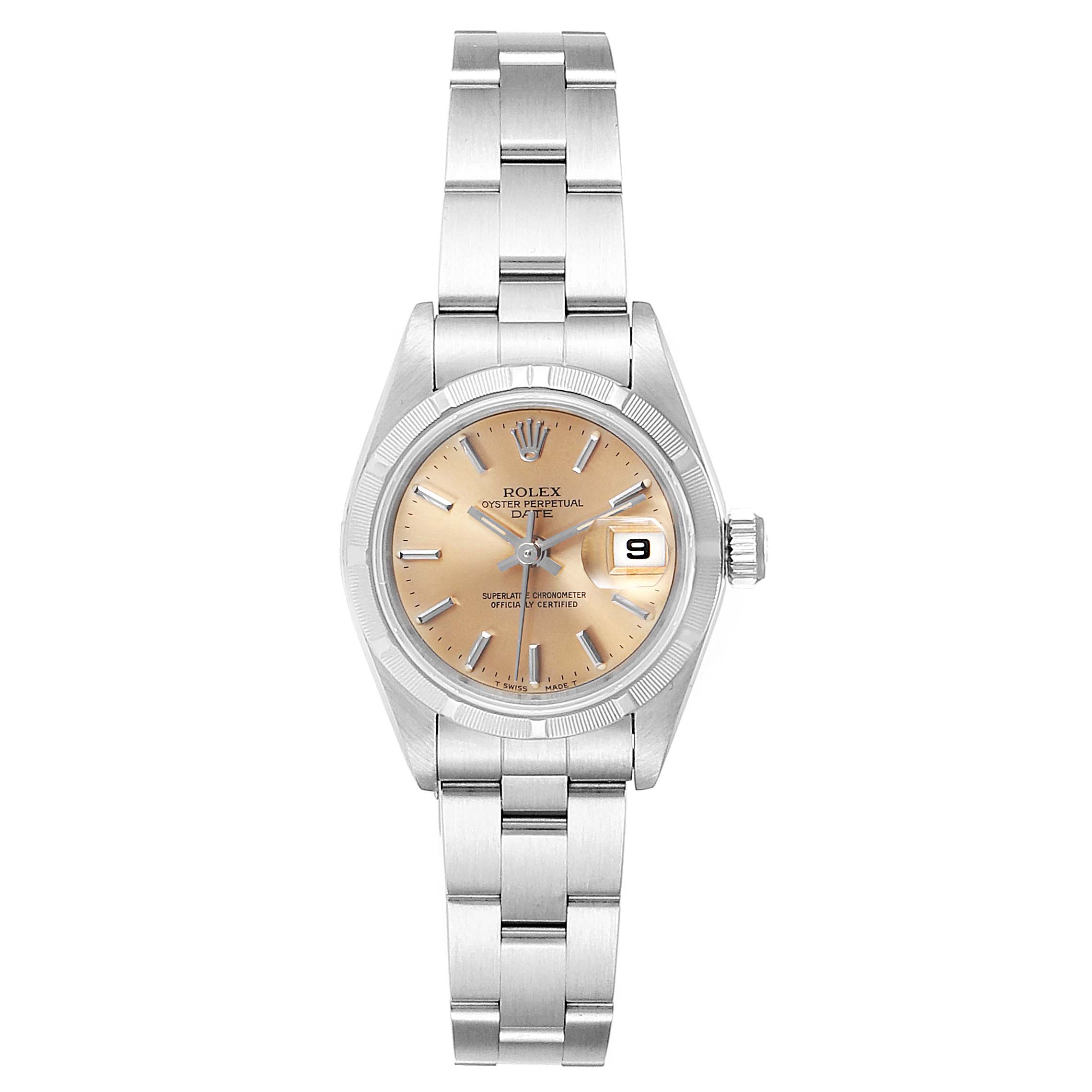 The Rolex Date 69190 Women's Stainless Steel Champagne Dial 69190 Women's Stainless Steel Champagne Dial watch is shown from a front angle, displaying the dial, date window, and full bracelet.