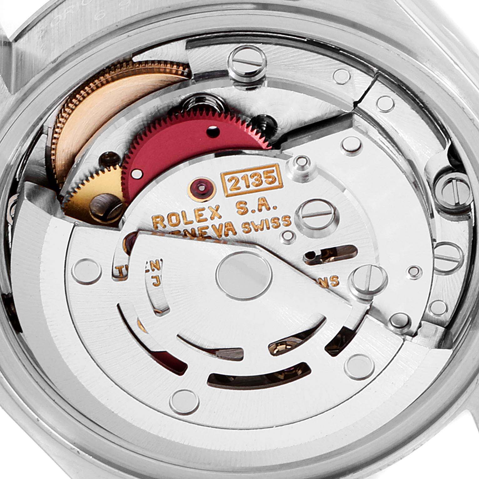 This image shows a close-up of the movement mechanism inside a Rolex Date 69190 Women's Stainless Steel Champagne Dial 69190 Women's Stainless Steel Champagne Dial model watch.