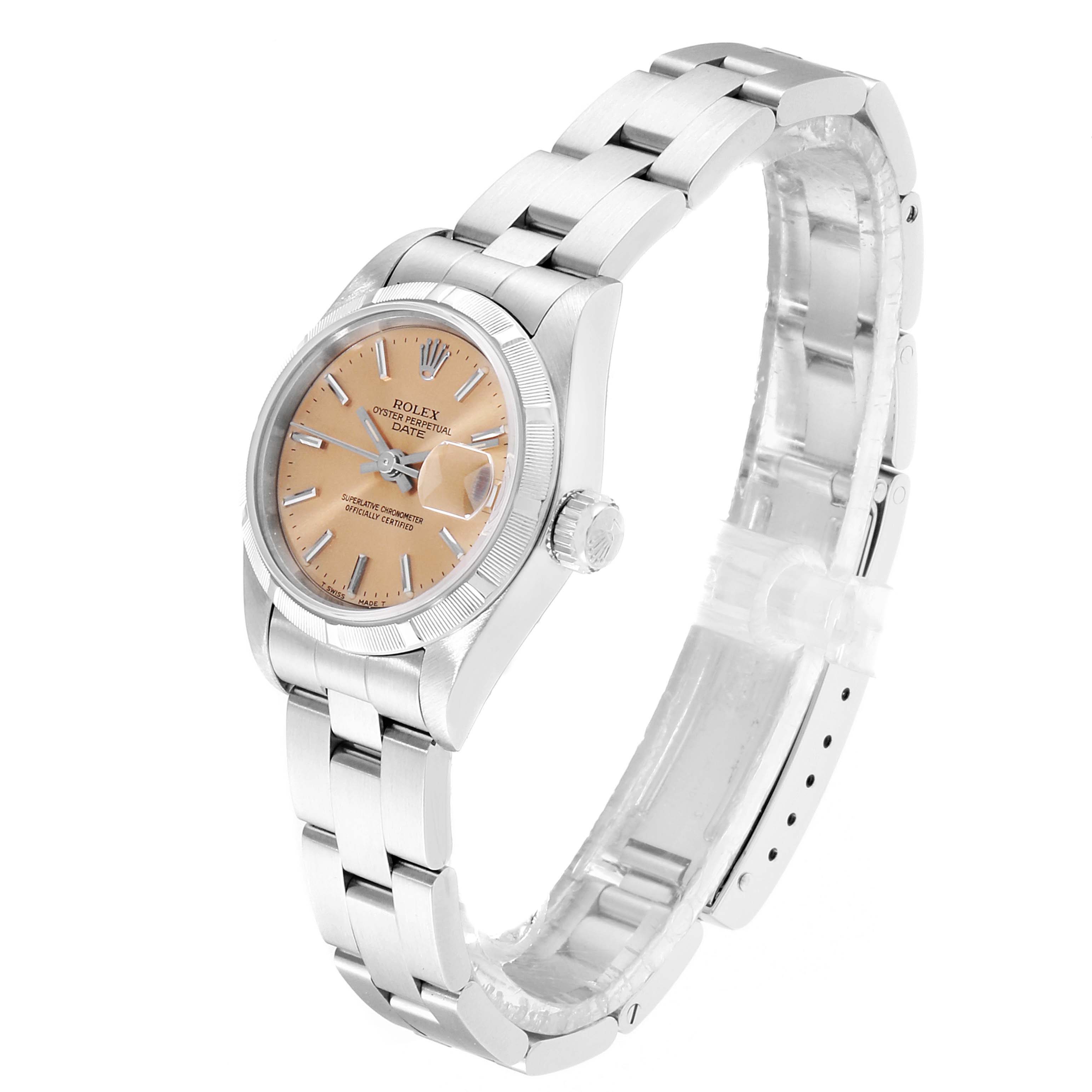 The image shows a side view of a Rolex Date 69190 Women's Stainless Steel Champagne Dial 69190 Women's Stainless Steel Champagne Dial model watch, highlighting the watch face, bezel, crown, and bracelet.