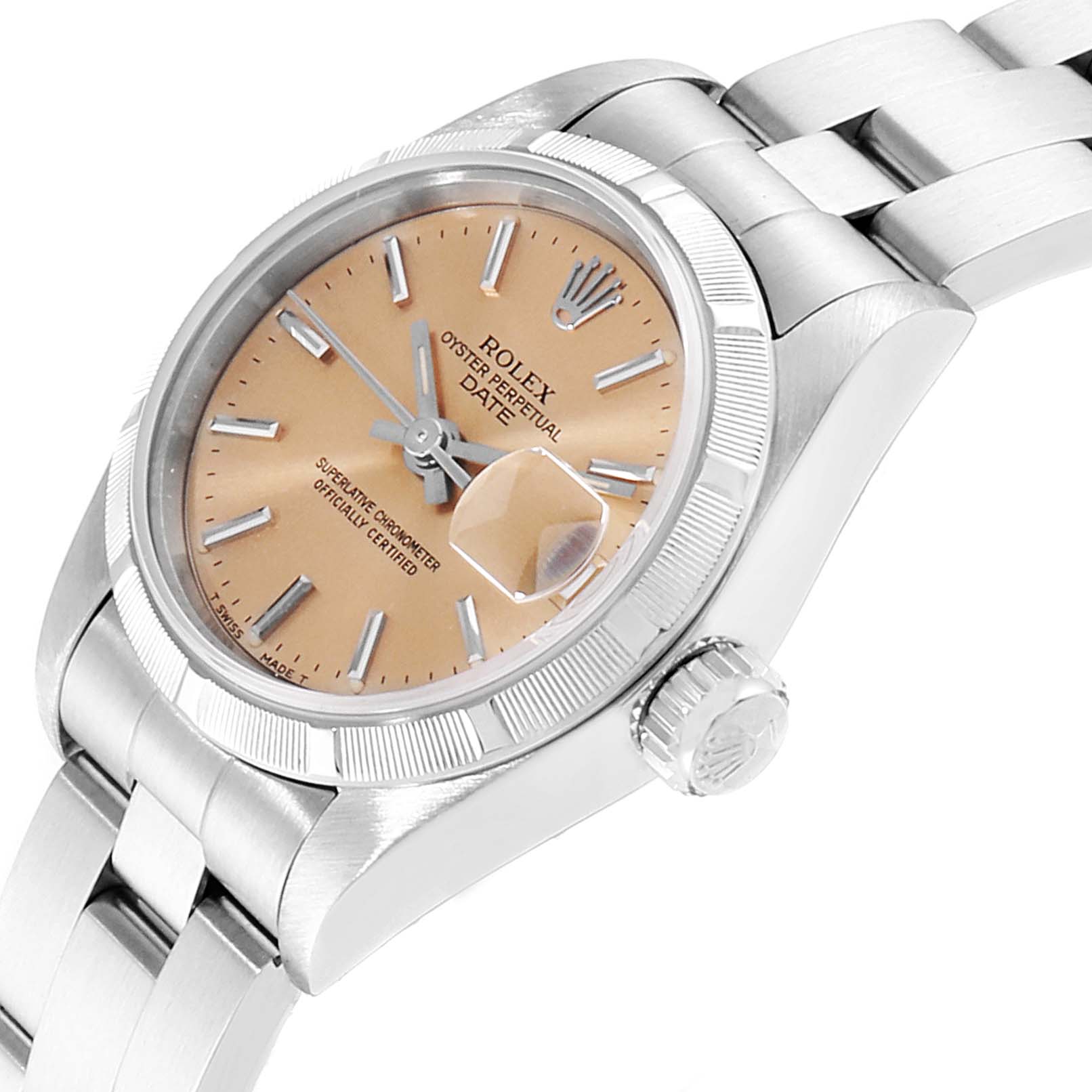 The image shows a Rolex Date 69190 Women's Stainless Steel Champagne Dial 69190 Women's Stainless Steel Champagne Dial model watch at an angled close-up, highlighting the watch face, bezel, crown, and part of the bracelet.