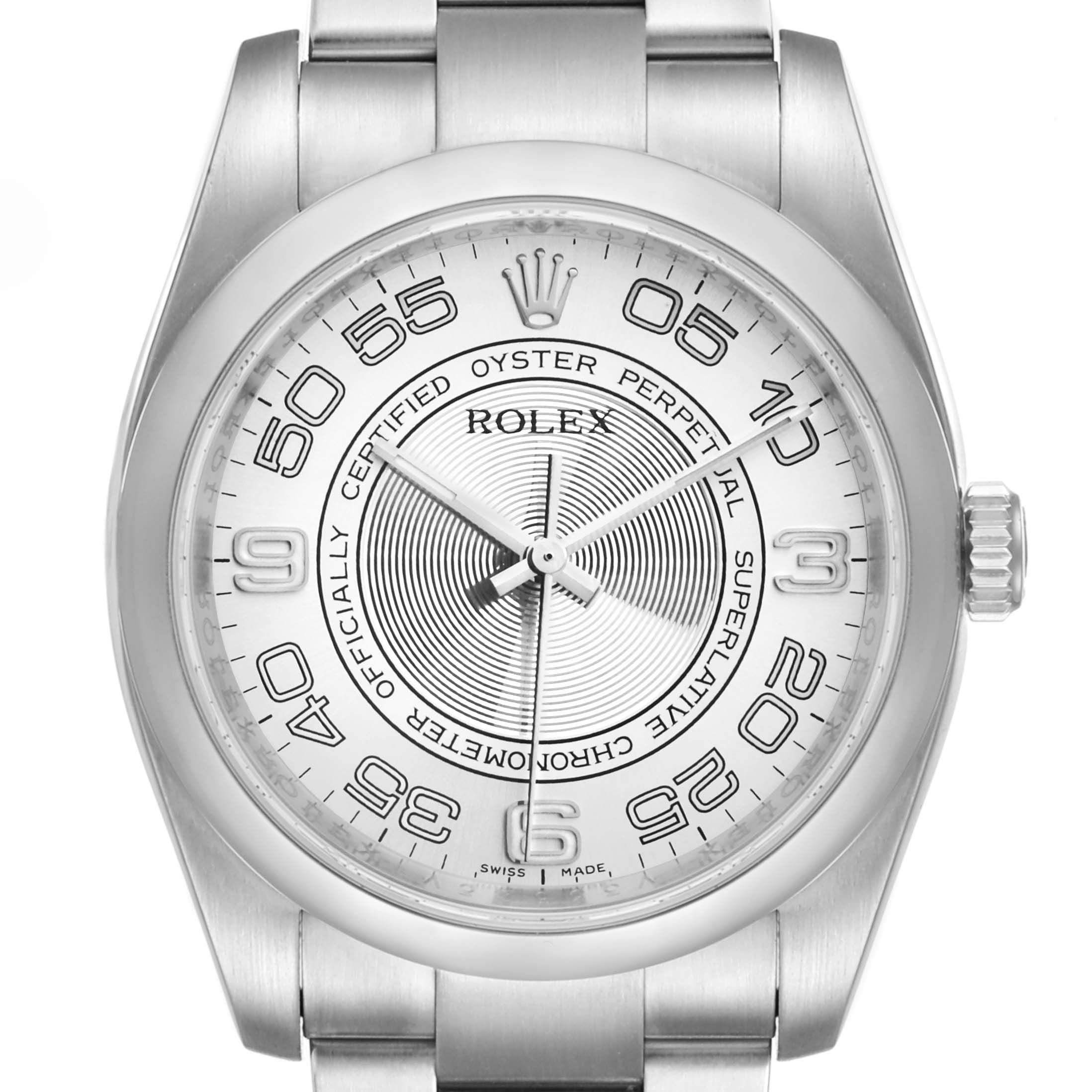 This image shows a front view of a Rolex Oyster Perpetual 116000 Men's Stainless Steel Silver Dial 116000 Men's Stainless Steel Silver Dial watch displaying the dial, hands, and bracelet.