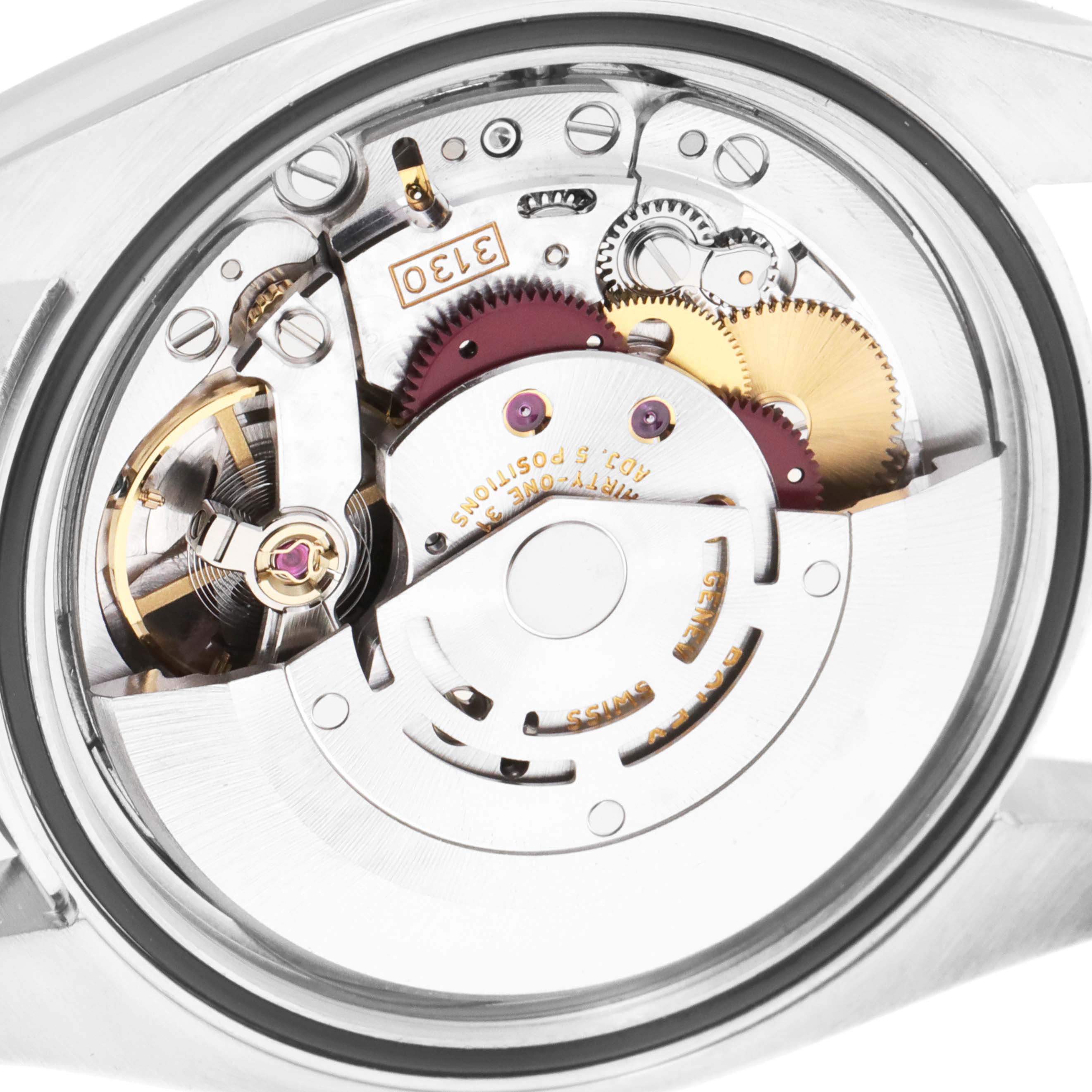 The image shows the internal mechanical movement of a Rolex Oyster Perpetual 116000 Men's Stainless Steel Silver Dial 116000 Men's Stainless Steel Silver Dial watch from a rear angle.