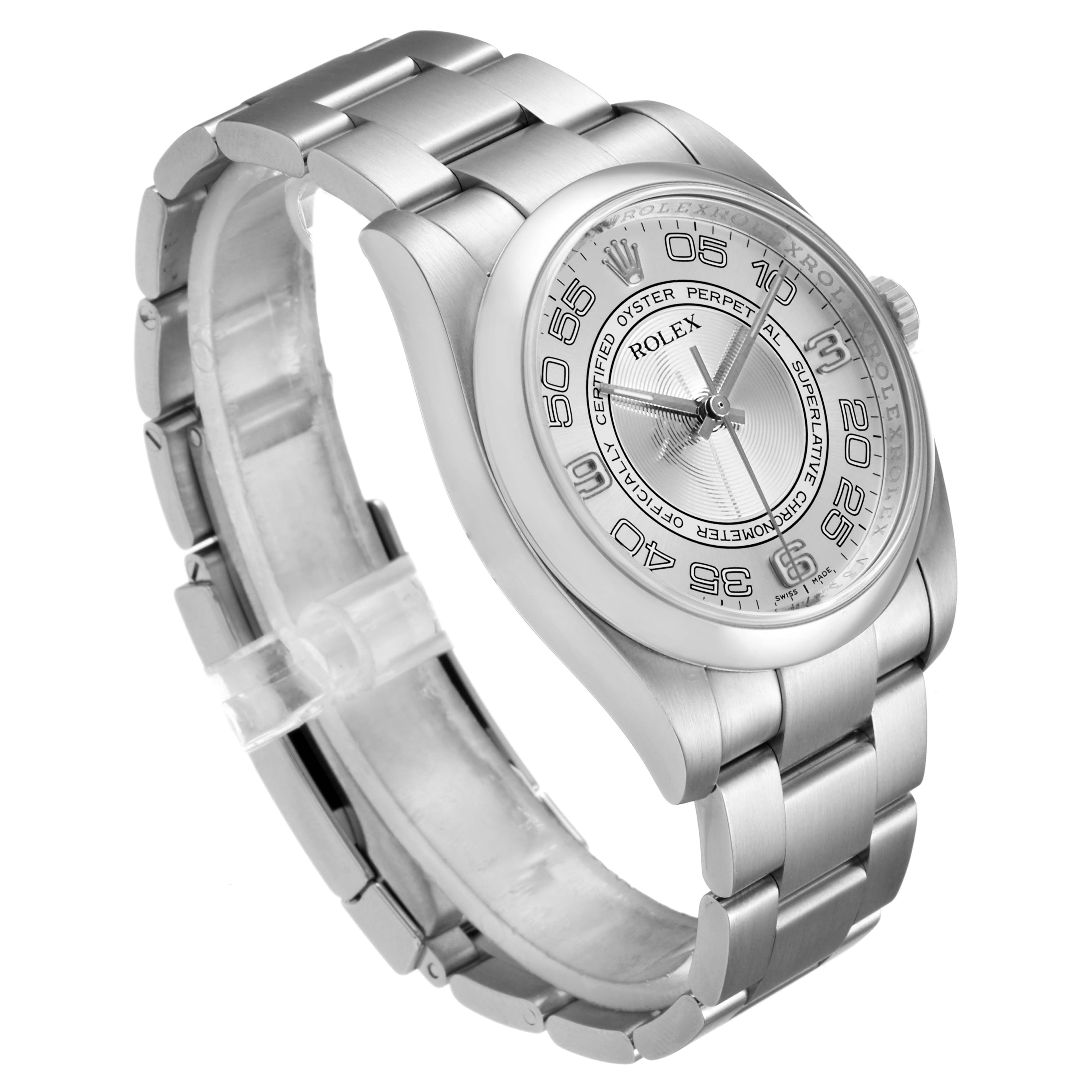 The image shows a side angle of a Rolex Oyster Perpetual 116000 Men's Stainless Steel Silver Dial 116000 Men's Stainless Steel Silver Dial watch, highlighting the bracelet, case, and dial.
