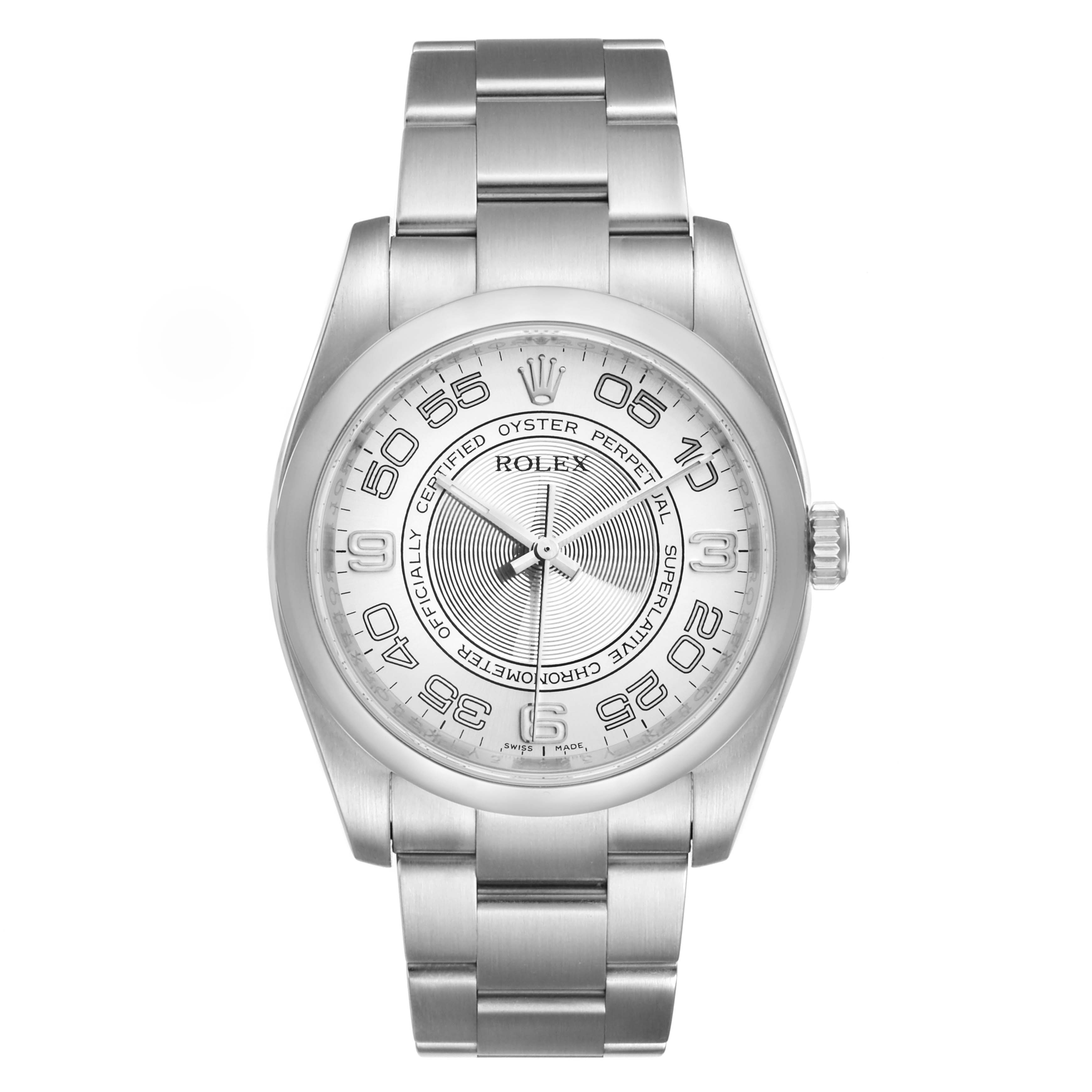 This image shows a front view of a Rolex Oyster Perpetual 116000 Men's Stainless Steel Silver Dial 116000 Men's Stainless Steel Silver Dial watch, highlighting its dial, hour markers, and stainless steel bracelet.