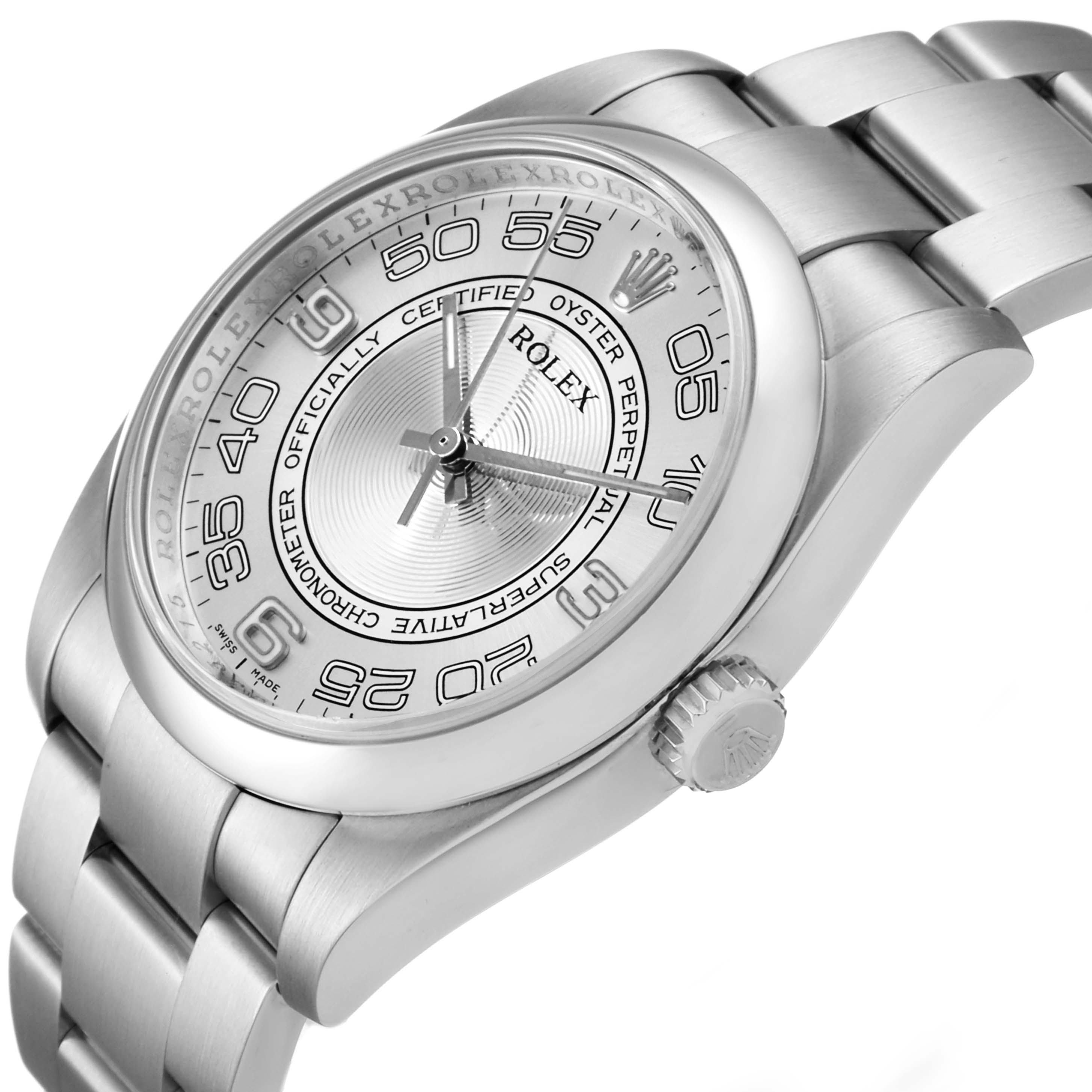 The image shows a close-up, angled view of the Rolex Oyster Perpetual 116000 Men's Stainless Steel Silver Dial 116000 Men's Stainless Steel Silver Dial watch, highlighting its dial, crown, and bracelet.