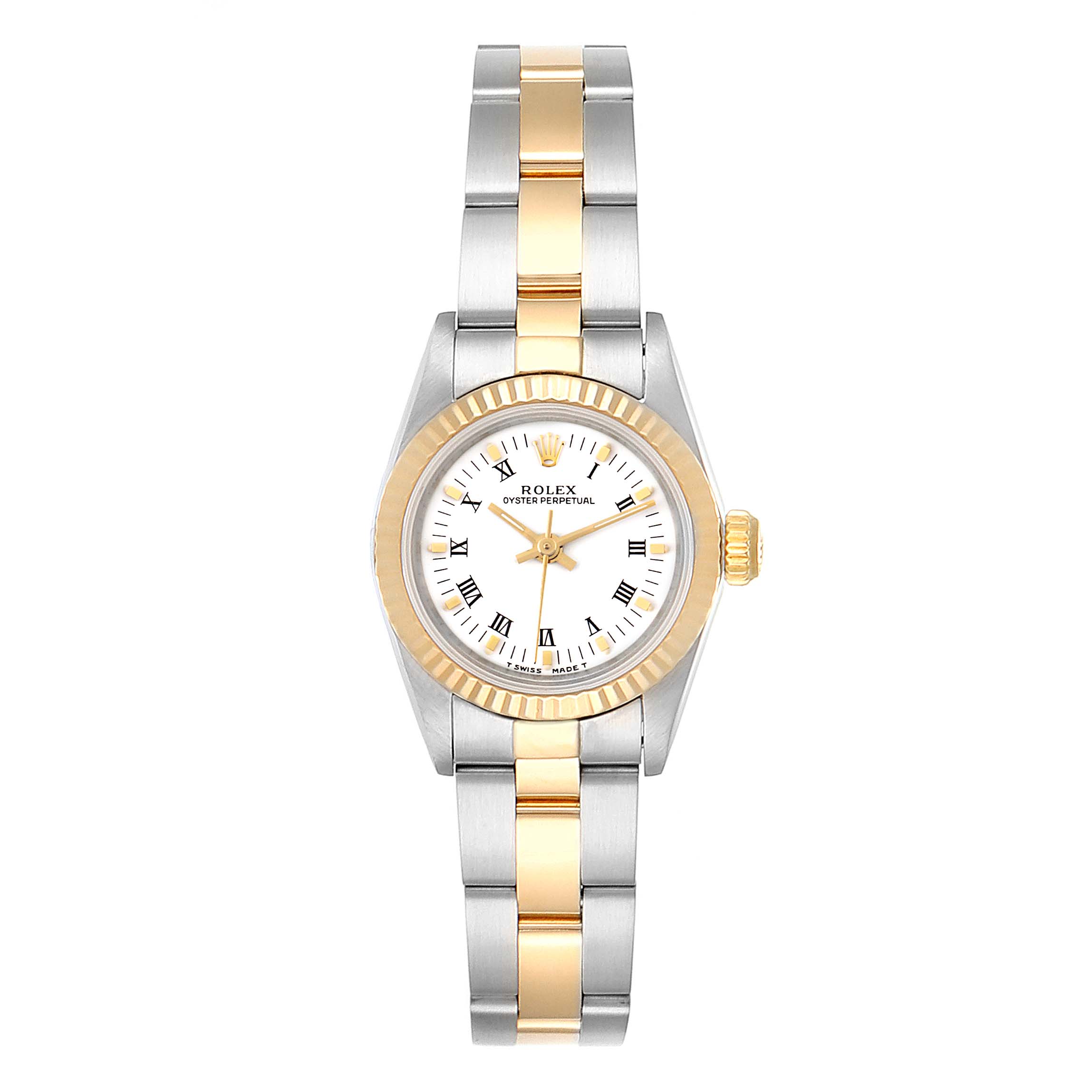 The Rolex Oyster Perpetual 67193 Women
s Steel and Gold (two tone) White Dial 67193 Women
s Steel and Gold (two tone) White Dial watch is shown from a front angle, displaying the face, bezel, and bracelet.