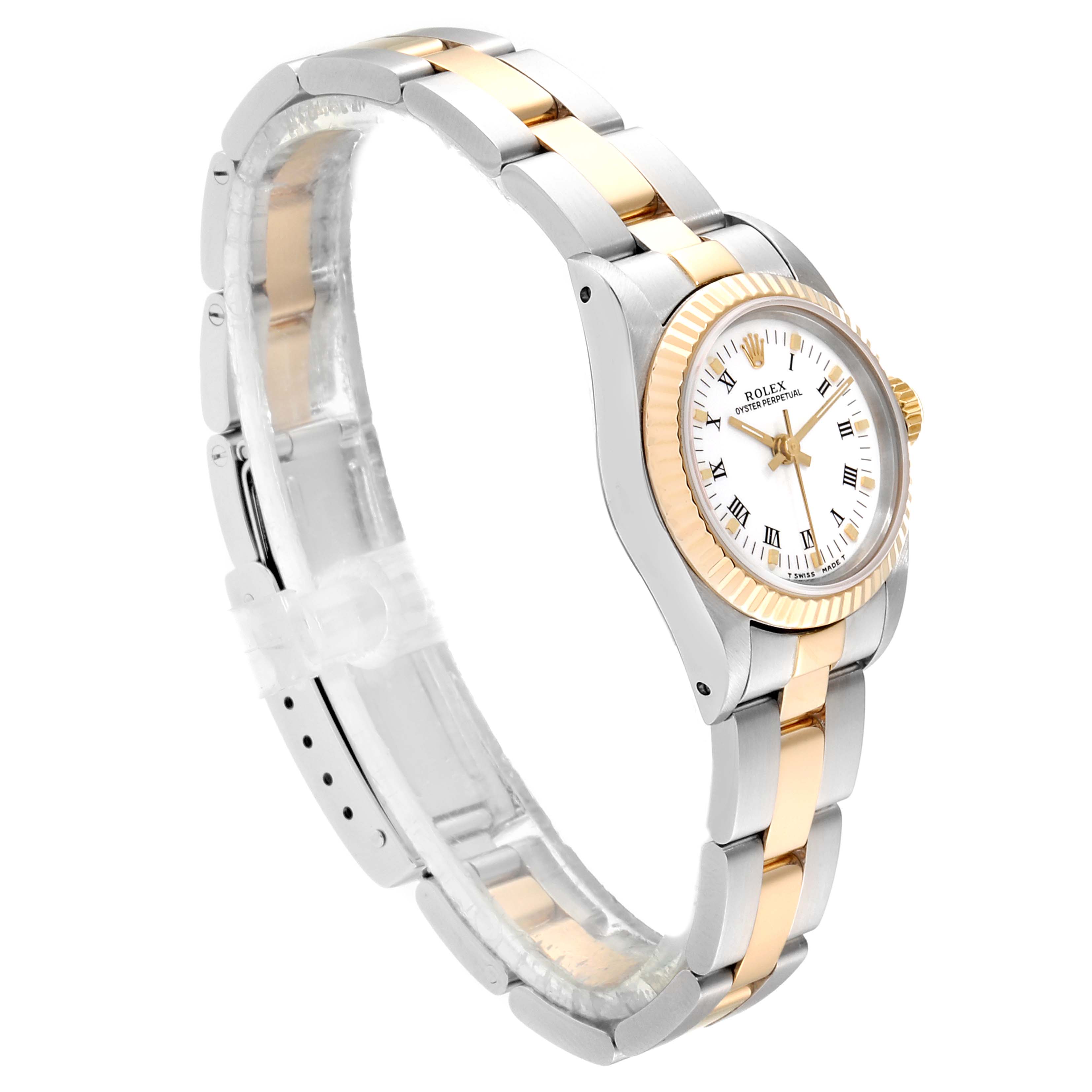 The image shows a Rolex Oyster Perpetual 67193 Women
s Steel and Gold (two tone) White Dial 67193 Women
s Steel and Gold (two tone) White Dial watch at a slight side angle, highlighting the dial, bezel, and two-tone bracelet.