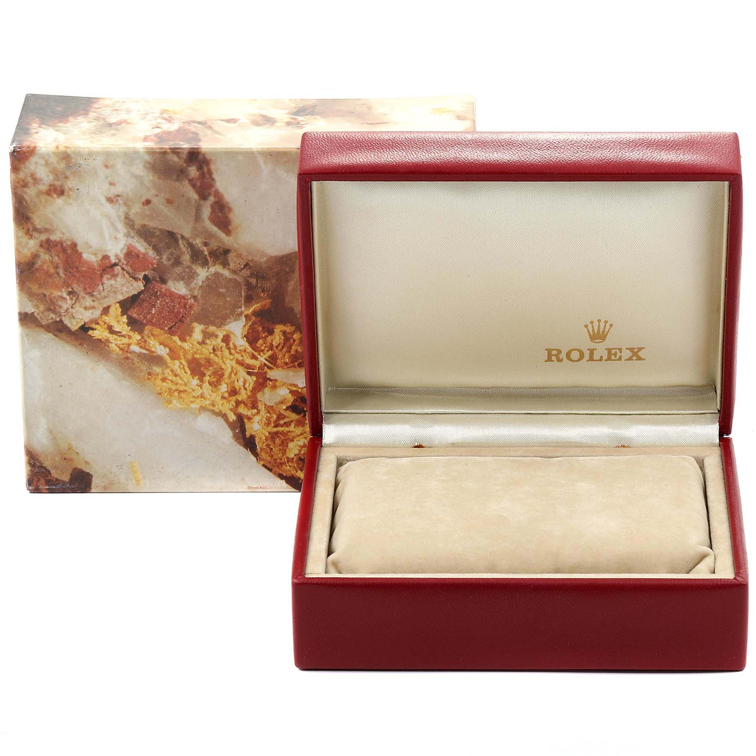 The image shows a Rolex Oyster Perpetual 67193 Women
s Steel and Gold (two tone) White Dial 67193 Women
s Steel and Gold (two tone) White Dial watch box and outer packaging at a front angle.