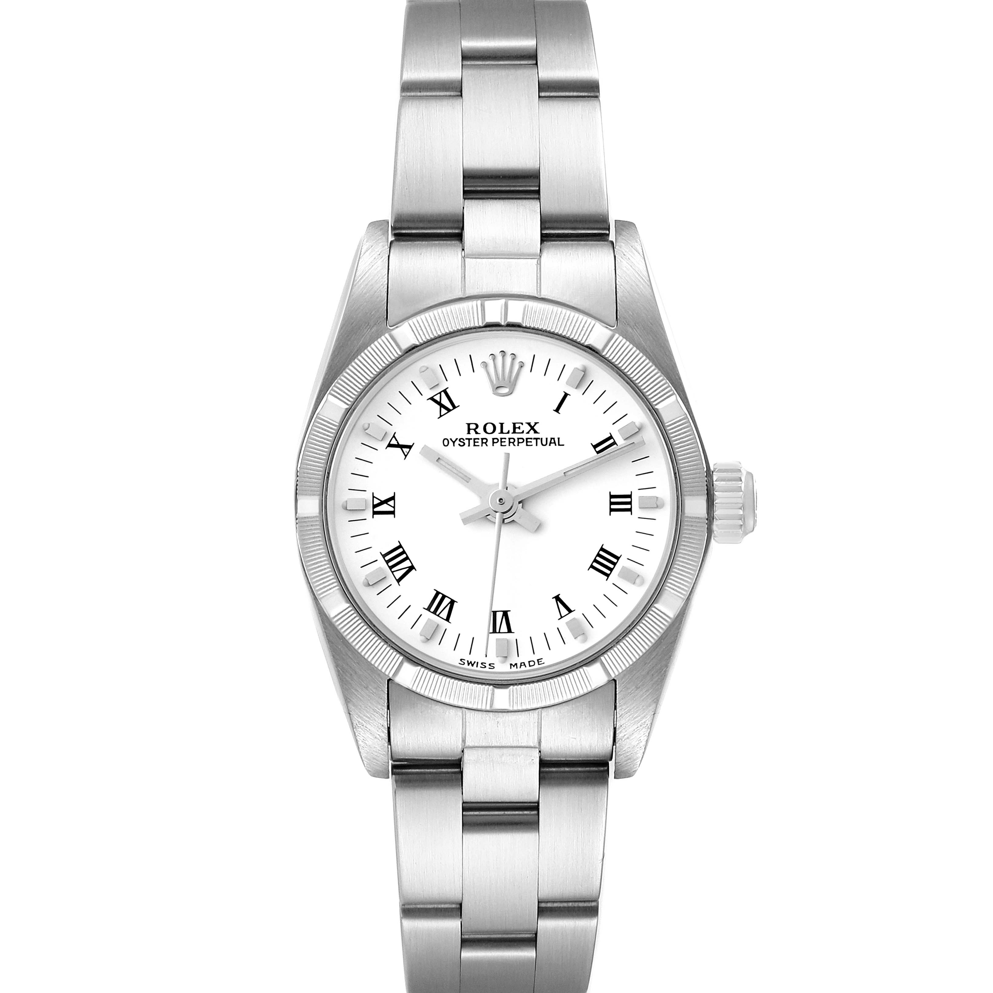 This image features a front view of a Rolex Oyster Perpetual 76030 Women
s Stainless Steel White Dial 76030 Women
s Stainless Steel White Dial watch, showcasing its white dial, Roman numerals, and stainless steel bracelet.