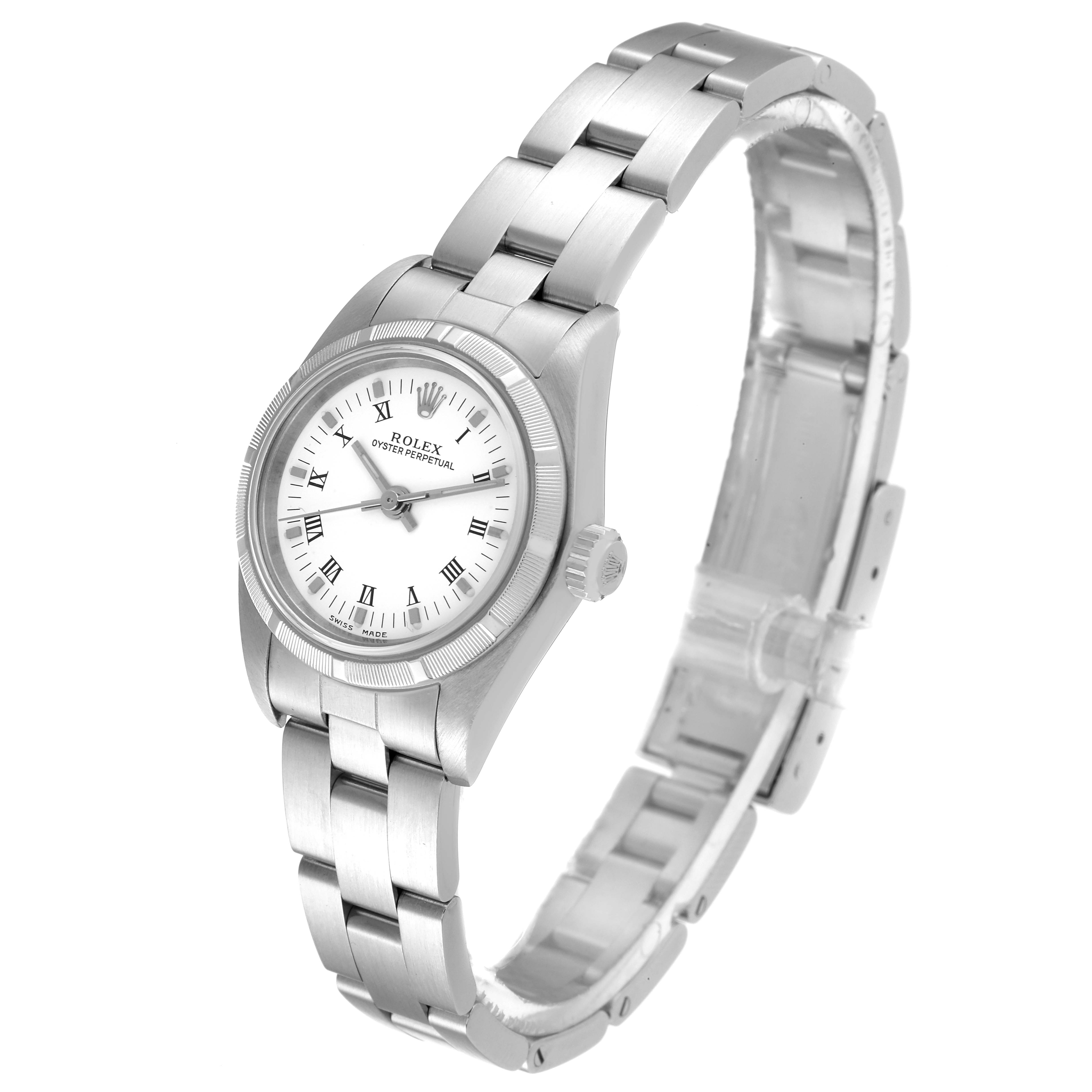 This image shows a Rolex Oyster Perpetual 76030 Women
s Stainless Steel White Dial 76030 Women
s Stainless Steel White Dial watch from a three-quarter angle, highlighting the dial, crown, and bracelet.