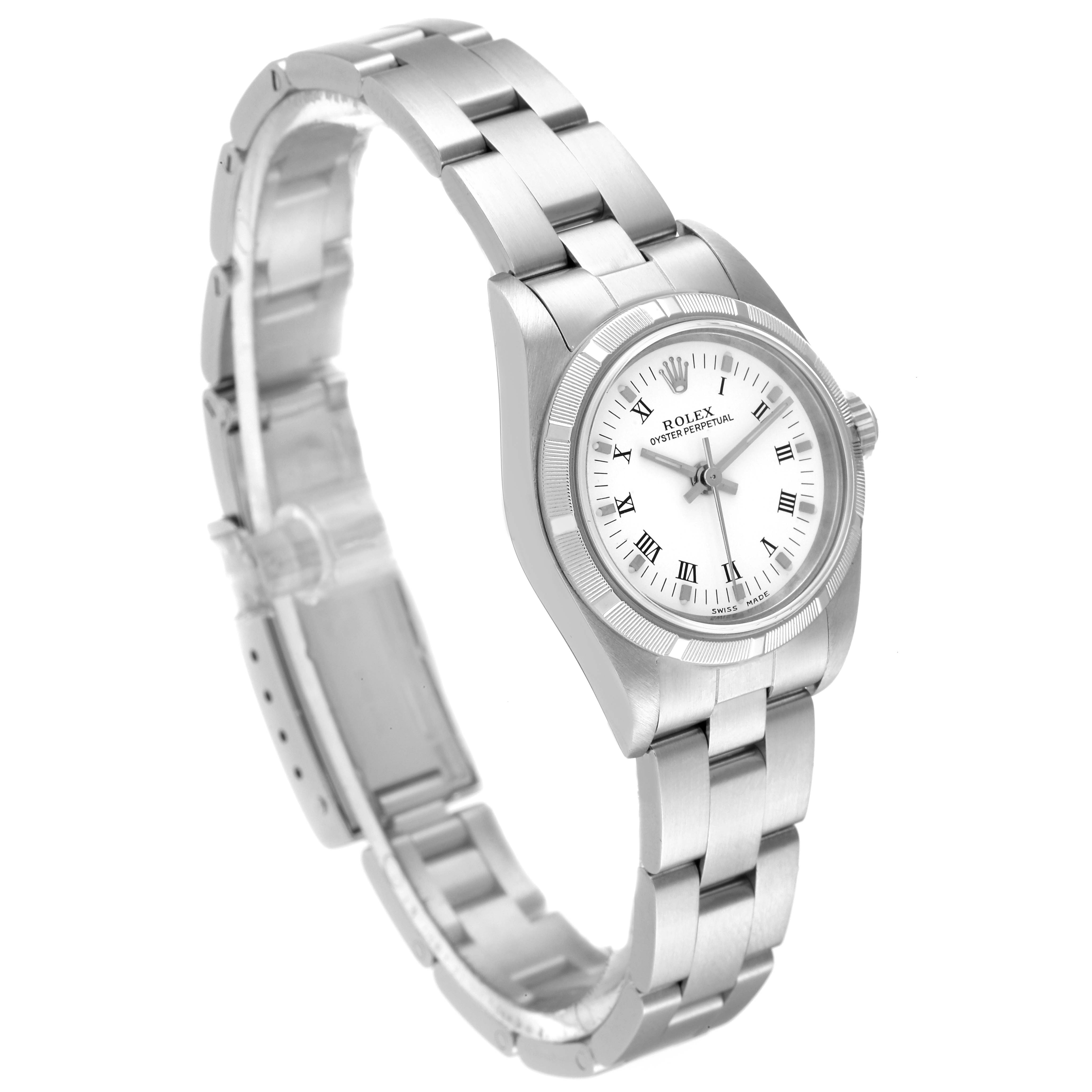 The image shows a side angle view of a Rolex Oyster Perpetual 76030 Women
s Stainless Steel White Dial 76030 Women
s Stainless Steel White Dial watch, highlighting the face, bezel, and bracelet.