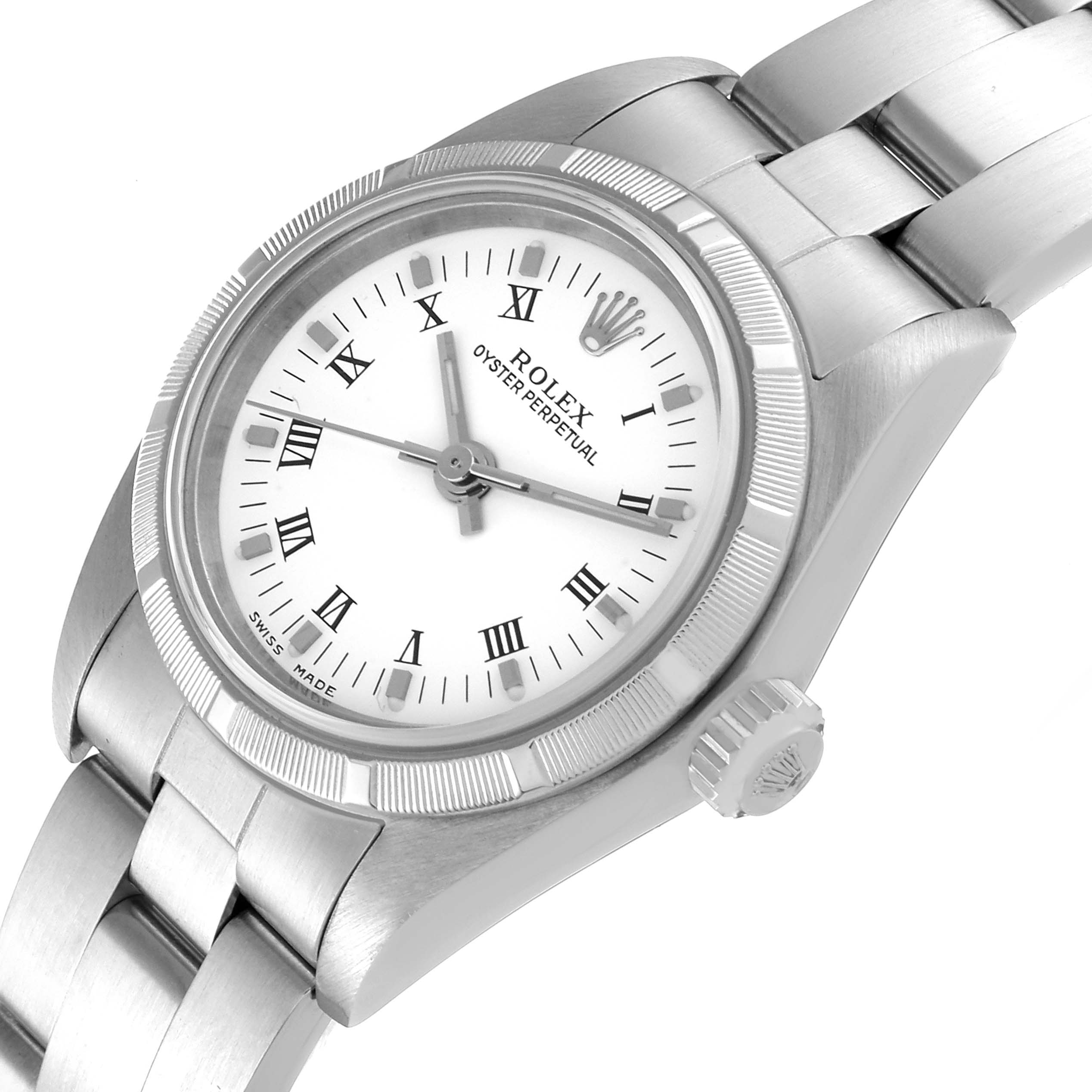 The image shows a close-up of the Rolex Oyster Perpetual 76030 Women
s Stainless Steel White Dial 76030 Women
s Stainless Steel White Dial watch face, crown, and stainless steel bracelet.